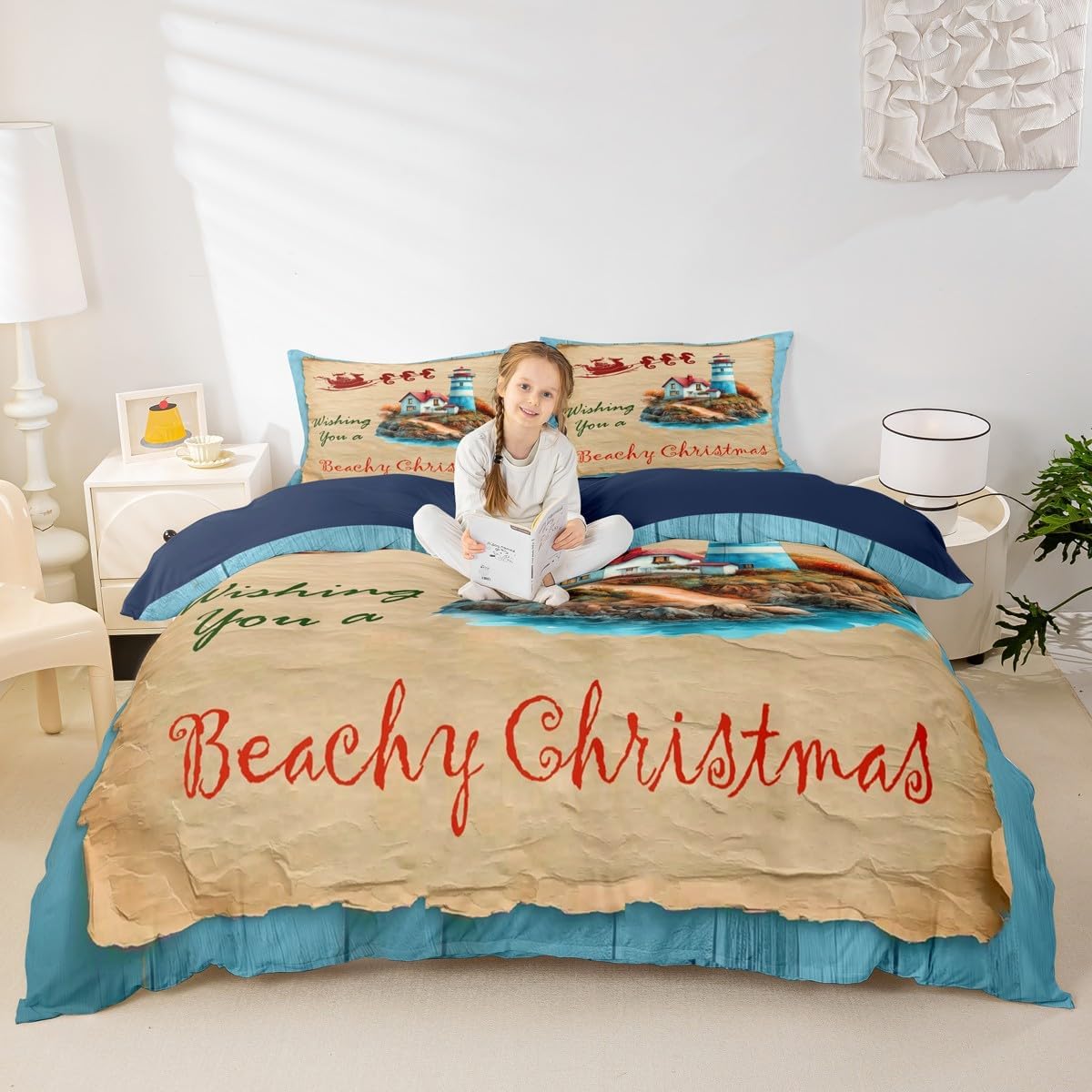 Coastal Duvet Cover Sets King Size,Beach Christmas Bedding Set 3Pcs for Kids Girls Boys Adults Room Decor,Lighthouse Tower Bedspreads Cover Vintage Style Quilt Covers,2 Pillowcases