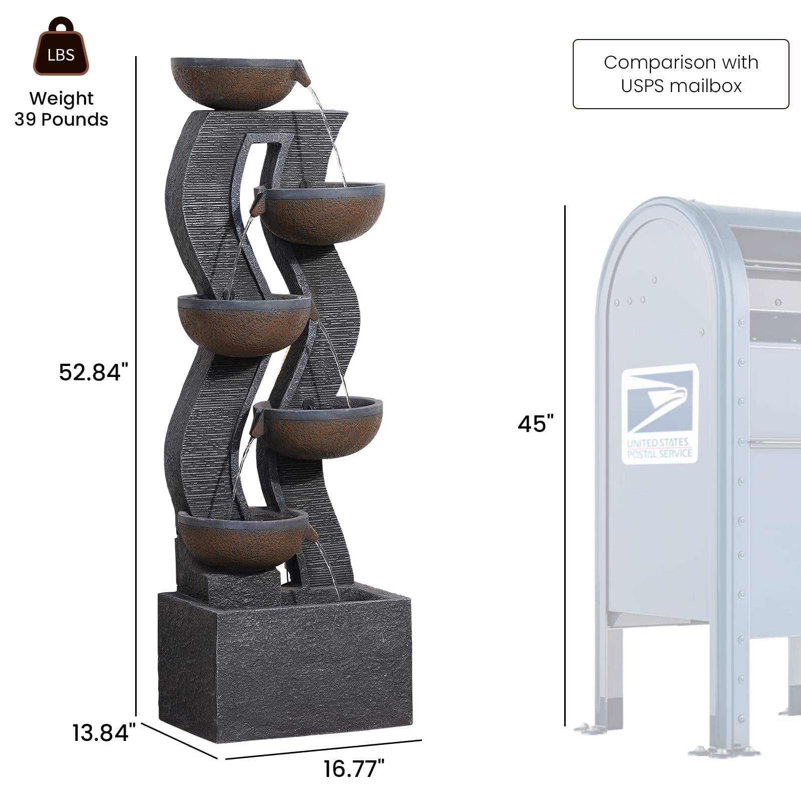 Sunlinua Moderner Krug-Gartenbrunnen und Wasserfall mit LED-Beleuchtung – Kaskadierendes Wasserspiel für Garten, Terrasse oder Veranda, großer freistehender Gartenbrunnen aus Harz, 135,5 cm