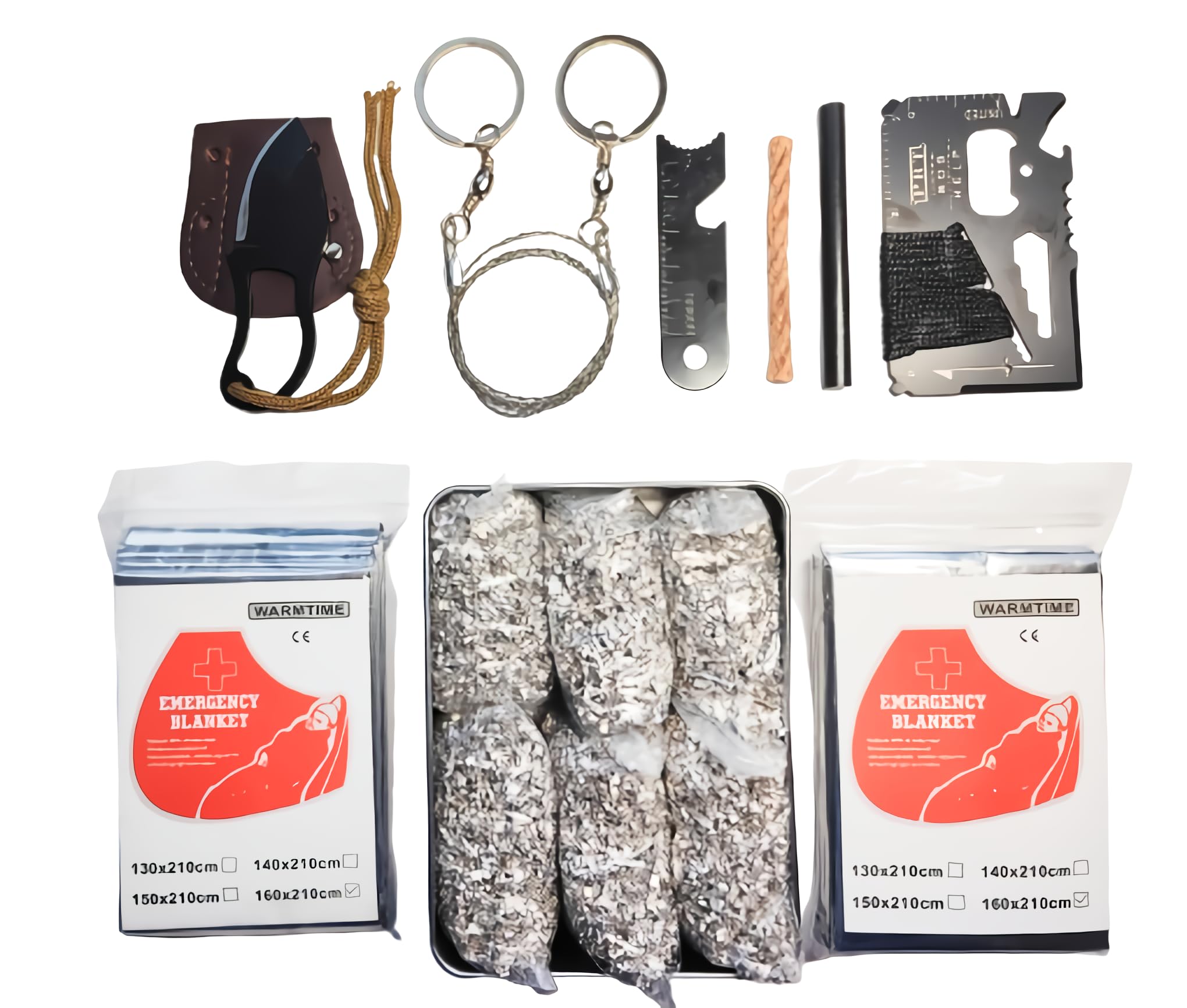 Emergency Fire Stater 6 Bags Magnesium Ferro Striker Saw Wire Multi Purpose Tool Blanket Wax Rope Camping Hiking Bushcraft + 1 Free Tin Can (Mg + FerroStriker + Tool + Saw + Blanket + Knife + WaxRope)