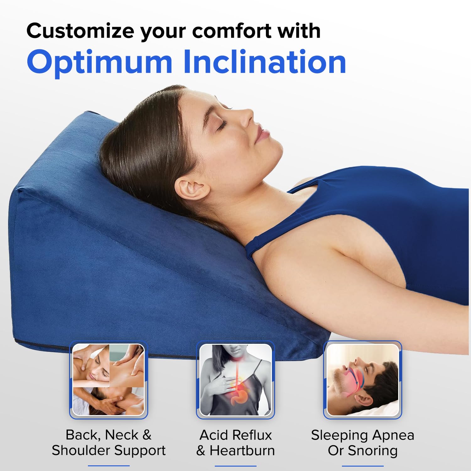 Amazon Basics Memory Foam Orthopedic Wedge Pillow |for Neck, Back Support, Cervical Pain, Acid Reflux, Snoring, GERD, Leg Elevation, Pregnancy -Ultra Soft Washable Velvet Cover -Blue, 25 x 44 x 45 CM - Image 3 thumbnail