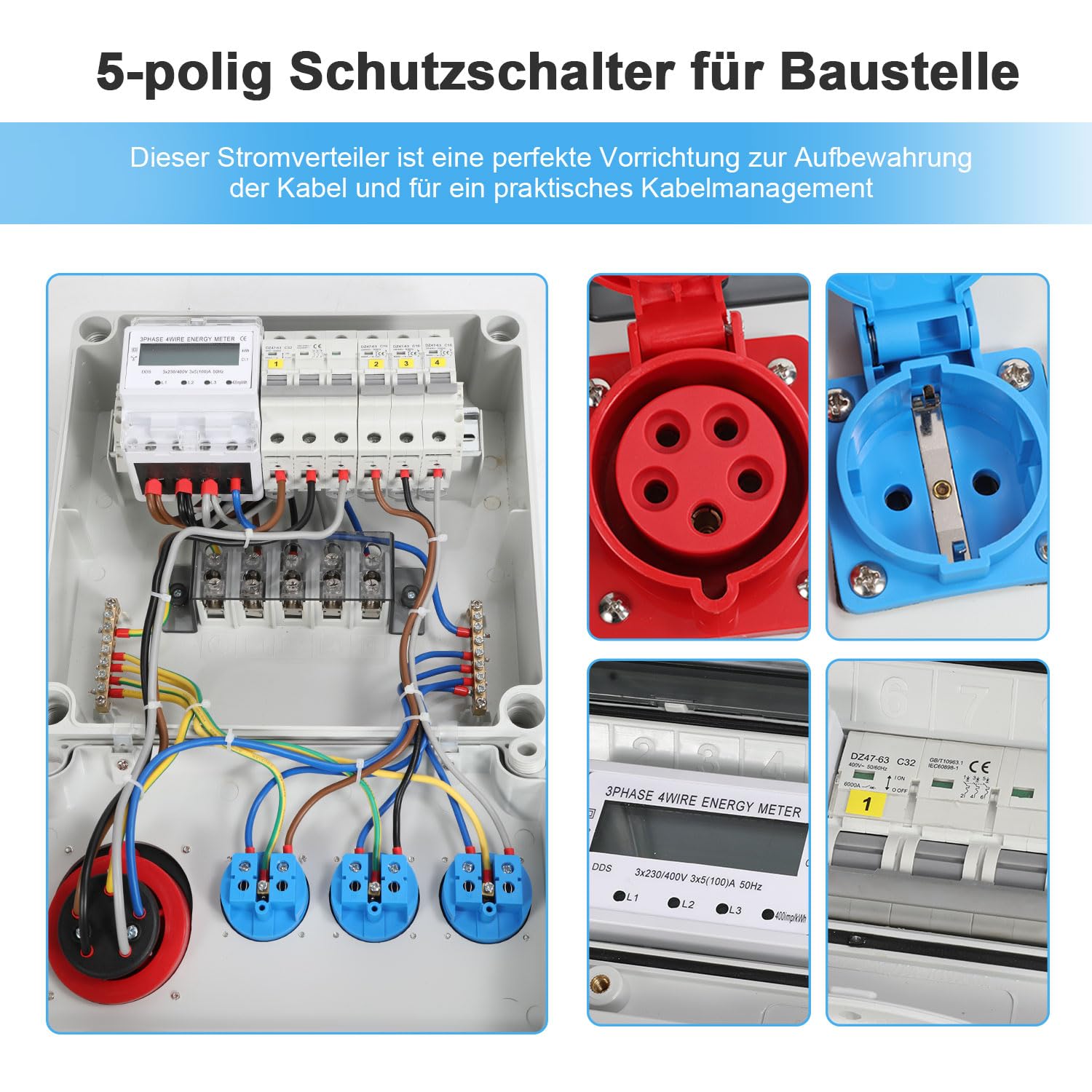 Wandverteiler, Baustromverteiler mit 3xSchuko-Steckdose16A 230V, 1xCEE Steckdosen 32A 5P, Mit Amperemeter, Für Baustelle