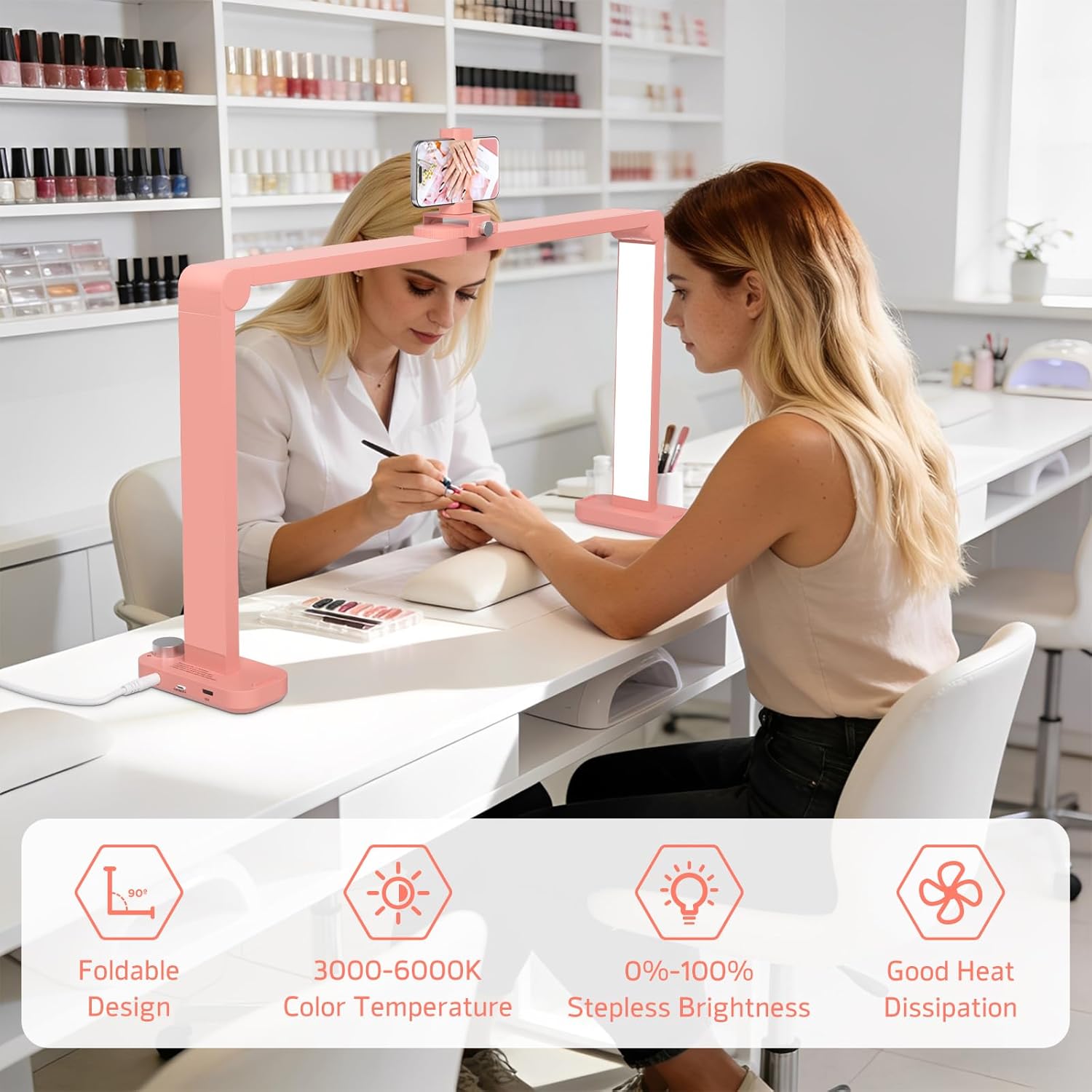 Half Moon Light for Nail Desk with Phone Holder, Large Square Nail Lamp for Desk, Professional Manicurist Desktop Lamp, LED Light Suitable for Manicures, Tattoos, and Sewing, Pink