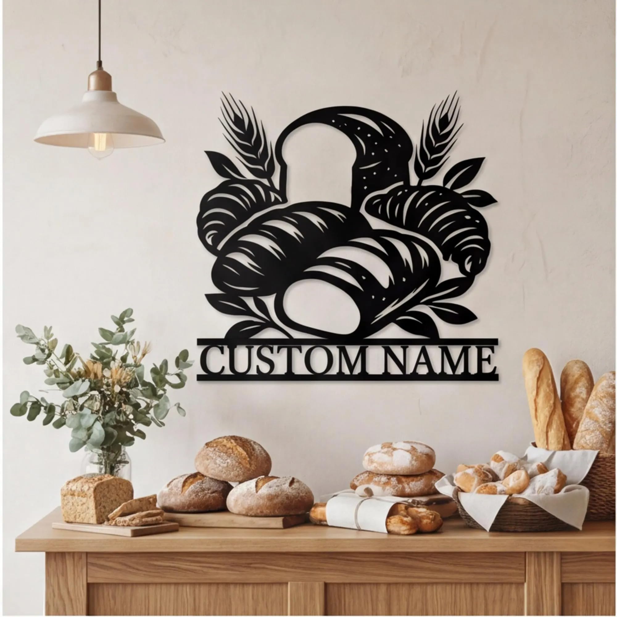 Stunning Wooden Personalized Bakery Sign Board | Custom Name Kitchen Wall Art Decor for Home, Bakeries, Cafes & Restaurants | Handcrafted Bread & Wheat Motif Shop Signboard (Black, Standard Size)-image-17