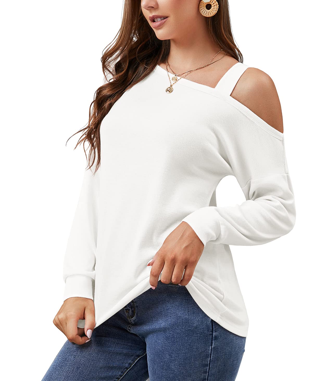 JINKESI Women's Long Sleeve Tunic Tops Casual Cold Shoulder Blouse Shirts