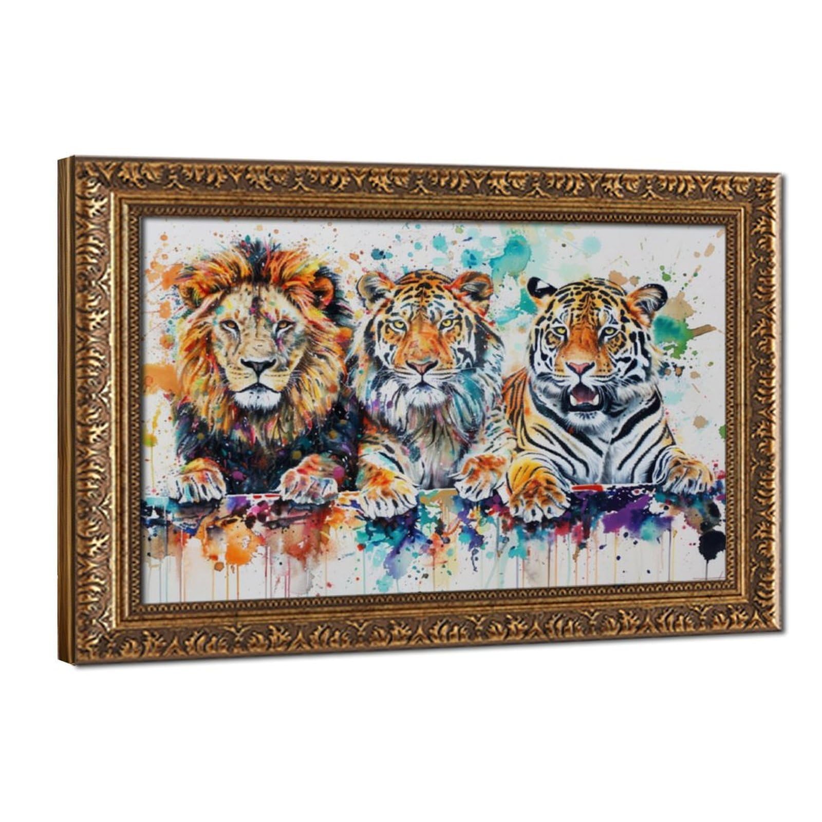 Pyberon Retro Gold Frame-Style Lions, Tigers, Leopards Canvas Poster For Dorm Room Decor Gift