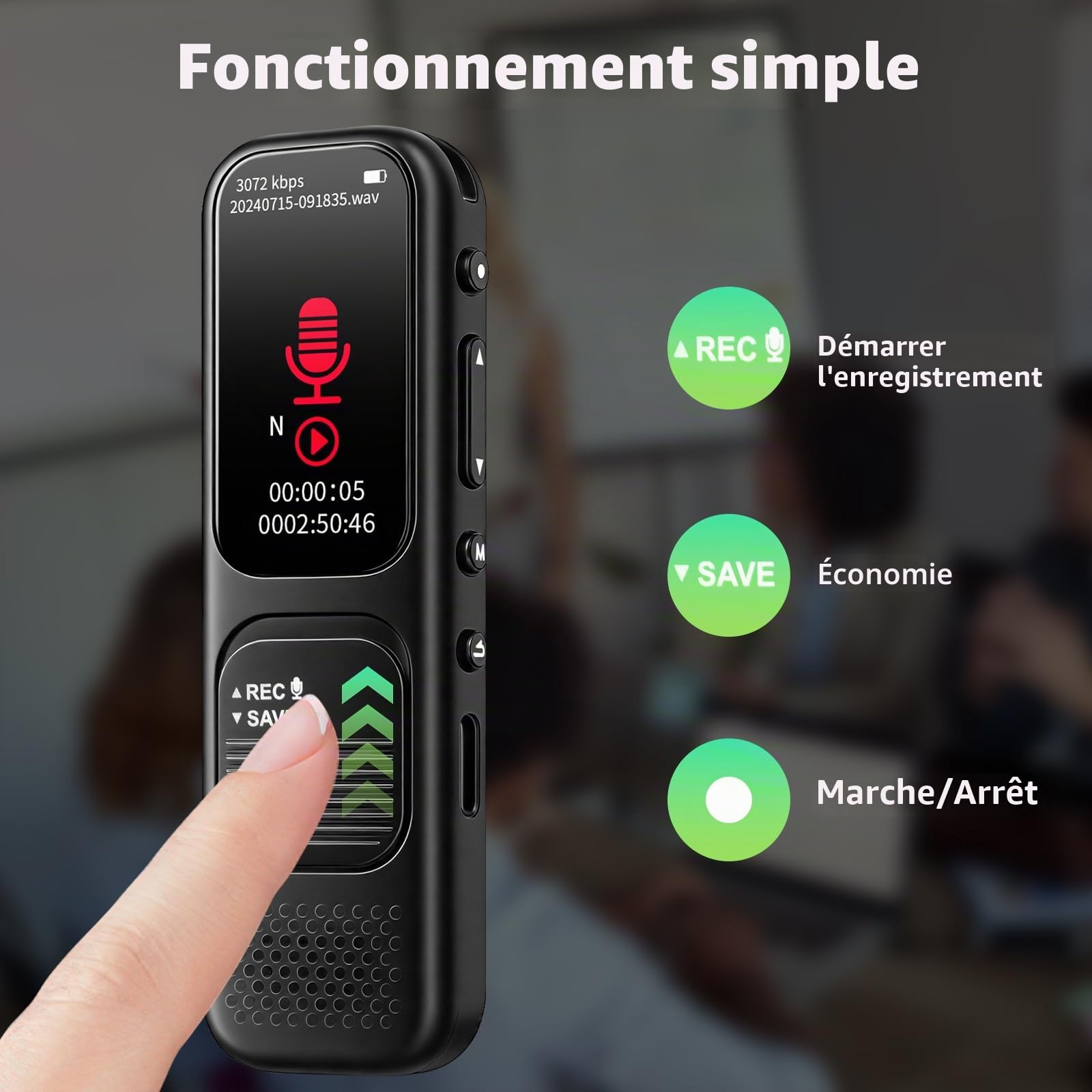 64GB Diaphone Enregistreur Vocale - 3072 Kbps Dictaphone Numérique avec Activation Vocale, Lecture & Réduction du Bruit, Enregistreur Audio pour Appels/Conférence/Interviews/Classes