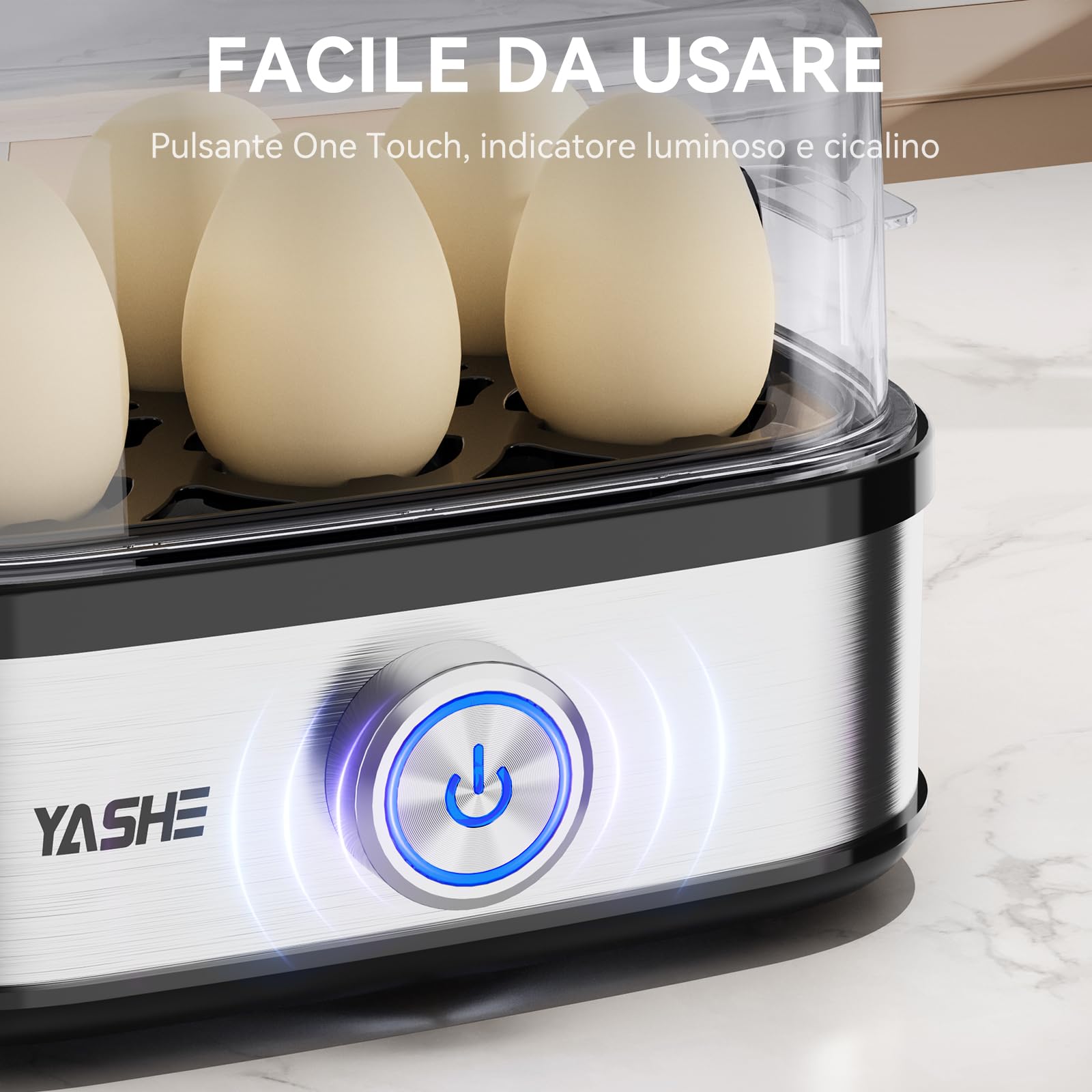 YASHE Cuociuova, 400W Cucitore di Uova Compatto Multifunzione, 6 uova facili da Sbucciare, Morbide, Medie, Dure, Poached, Omelet maker, Vaporiera, Segnale Acustico, Luce Indicatrice