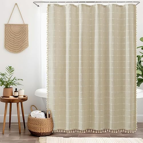 Miniatura 7 de Yuanice Cortina de ducha estilo bohemio de granja, tela de lino rosa, bordada con textura a rayas, cortinas de ducha para baño, 72 x 96 pulgadas de