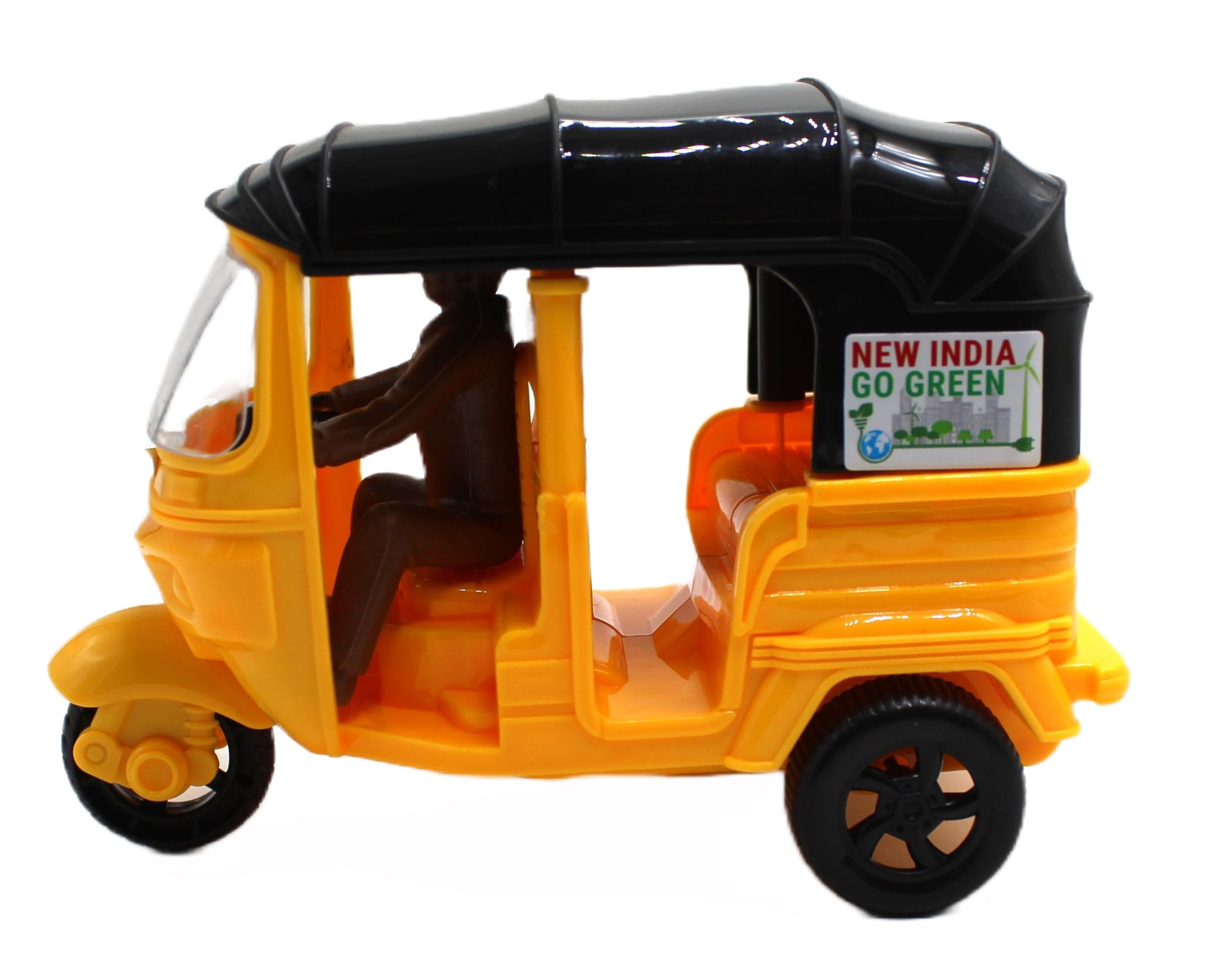Neoinsta Friction Powered CNG Auto Rickshaw Toys for Kid|Auto Toy for Kids|3 Wheeler|Autorickshaw Toy with a Driver (Black and Yellow)