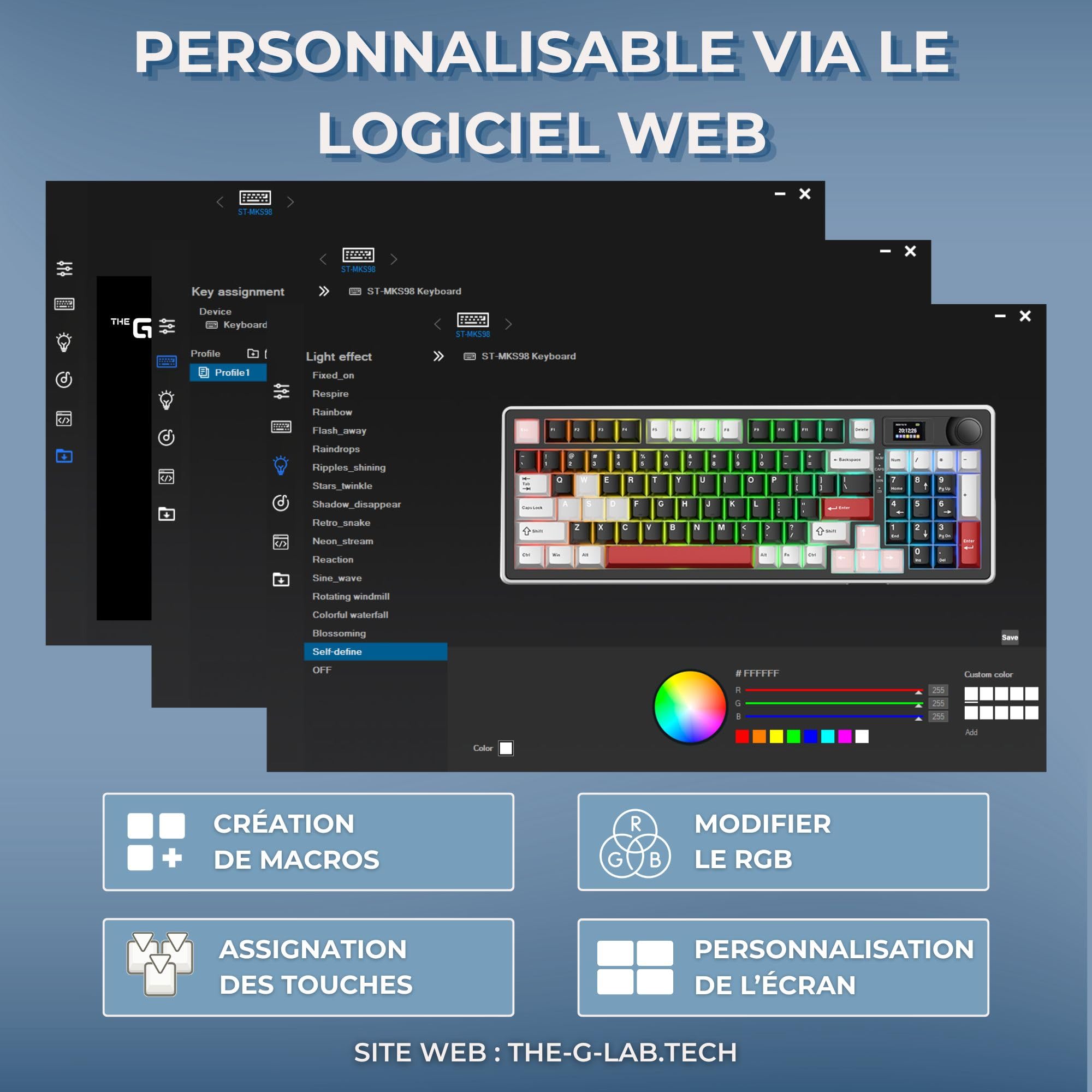 The G-Lab Keyz Elite 450 WB - Clavier Gamer sans Fil Ecran LCD RGB | AZERTY FR, Sans Fil Tri Mode 2.4GHz/Bluetooth/Filaire, Ecran LCD, Switch Mécanique Hot Swap Pré-lubrifiés, Gasket 5 Couches
