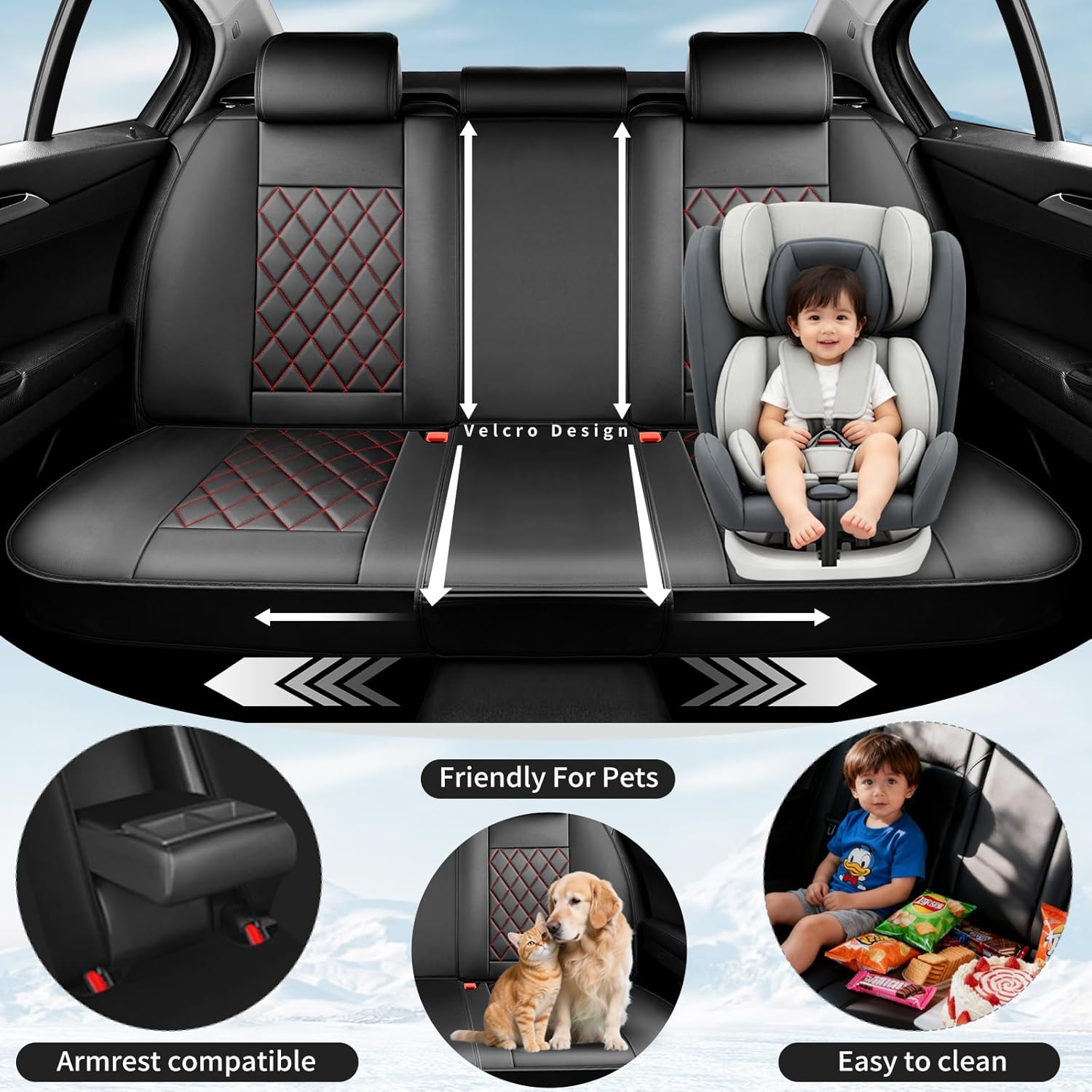 Fit Stelvio Premium Leather Car Seat Covers for Alfa Romeo Stelvio 2018-2024 2025 - Waterproof，Breathable，All-Weather Seat Cushion Protecto & Airbag Compatible, 2 Front Seat Red Line Black