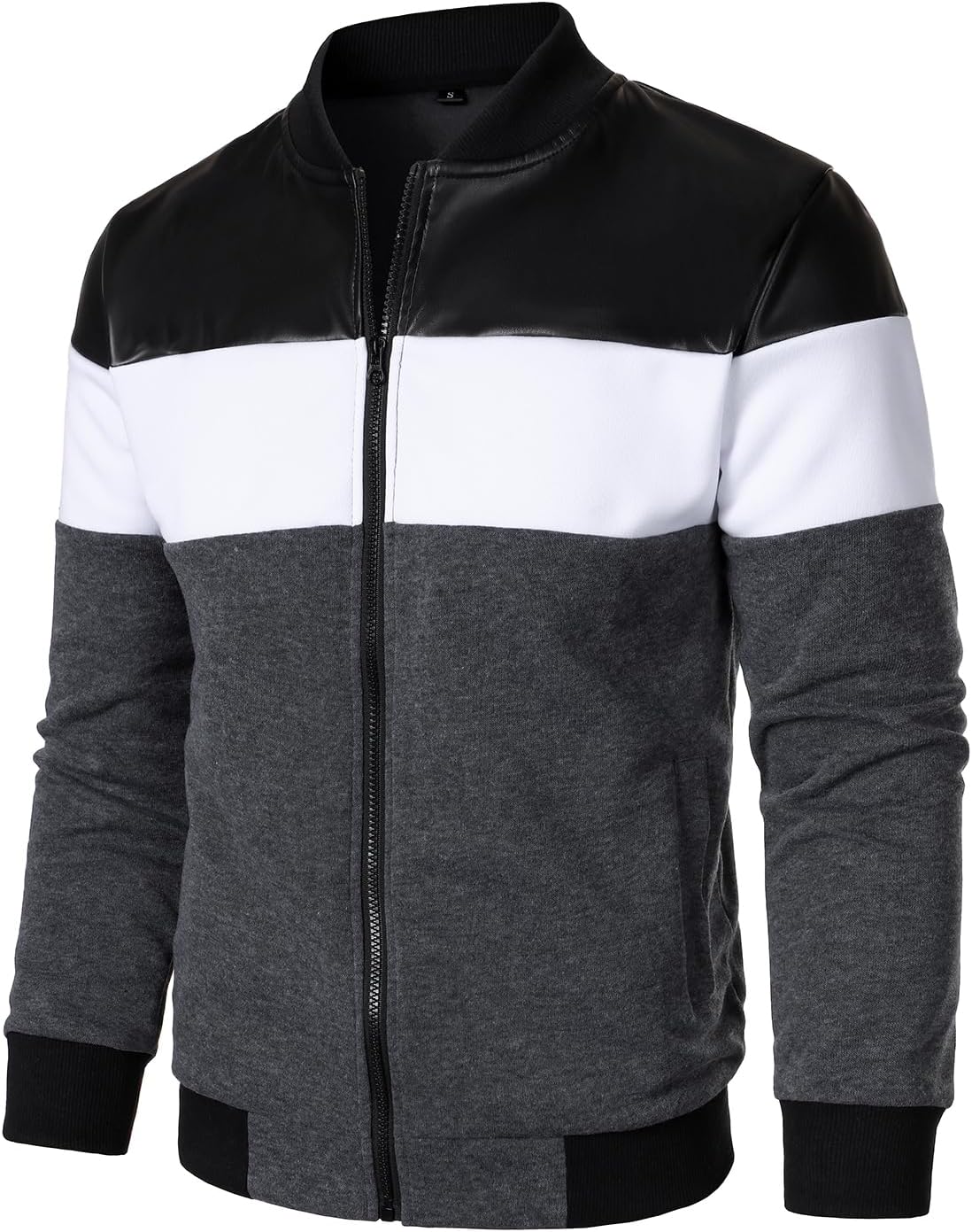FANARCHER Mens Lightweight Bomber Jacket Casual Zipper Coat Color Block with Faux Leather Varsity Jacket - Image 4