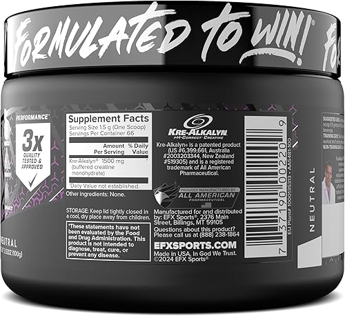 Vista 9 de EFX Sports Kre-Alkalyn EFX Powder pH Correct Creatine Monohydrate Powder Supplement Strength, Muscle Growth & Performance 66 Servings