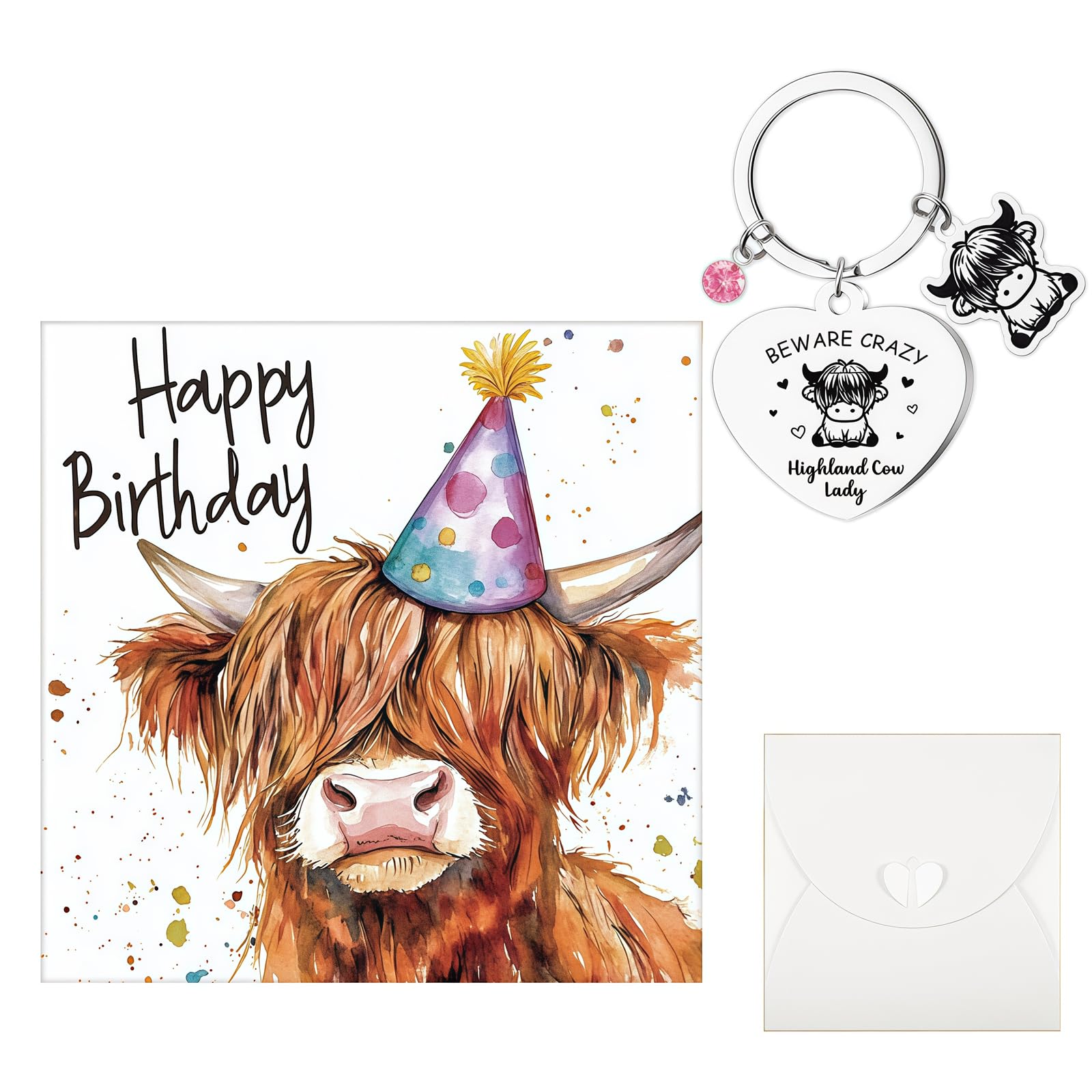 QIANSSE Highland Cow Keyring for Women, Birthday Card Gift Set with Envelope Fun Highland Cow Lover Gift Keychain Stationery for Her