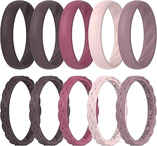 ThunderFit Silicone Rings for Her - Mix Women's Silicone Wedding Rings, 1.8mm Thick Rubber Engagement Rings Braided & 4mm Classic Rings Combo