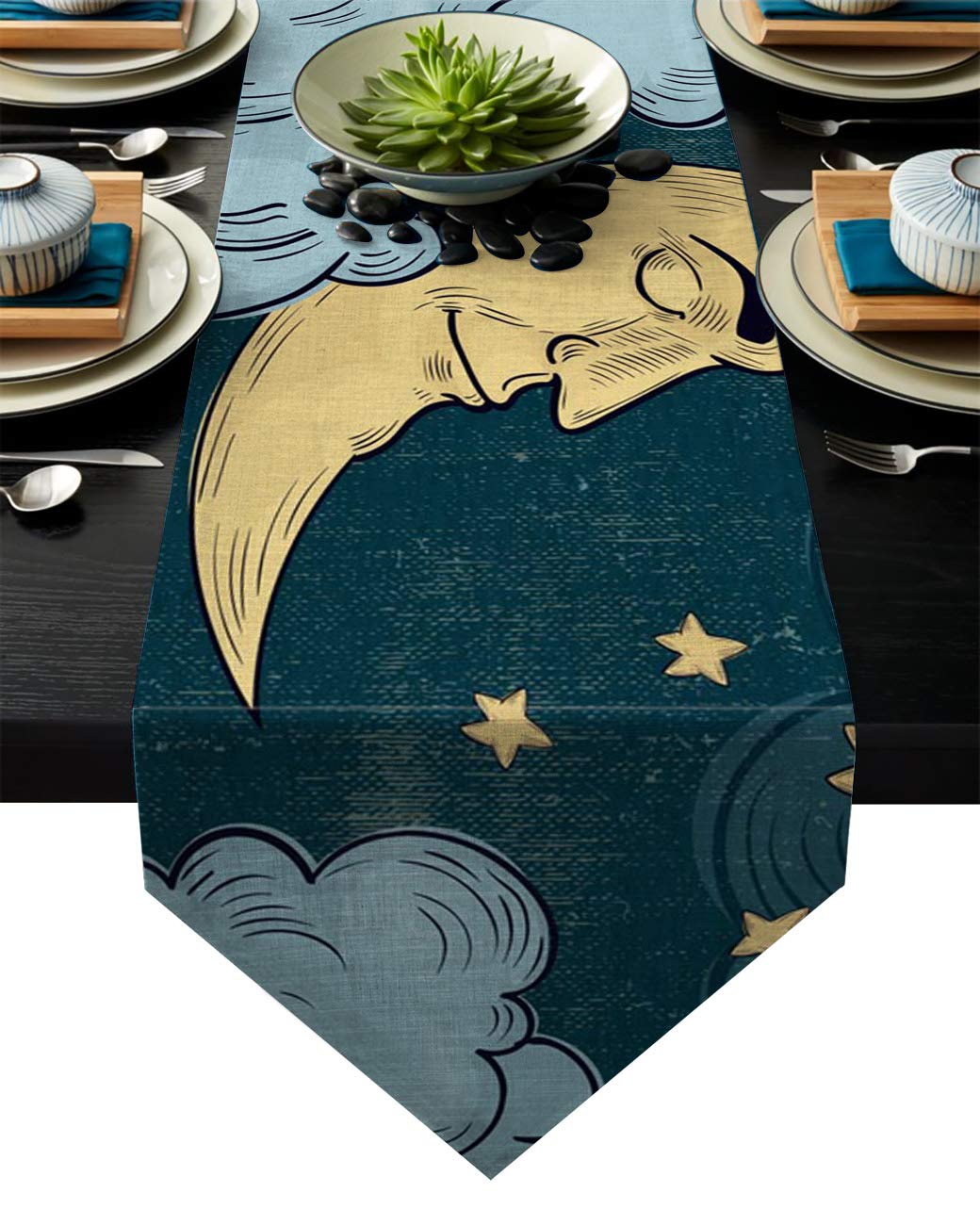 Meet 1998 Cotton Linen Table Runners Cartoon Star Smile Moon Cloud Tablecovers for Kitchen Garden Wedding Parties Dinner Indoor Outdoors Home Decorations Blue 16x72 inches