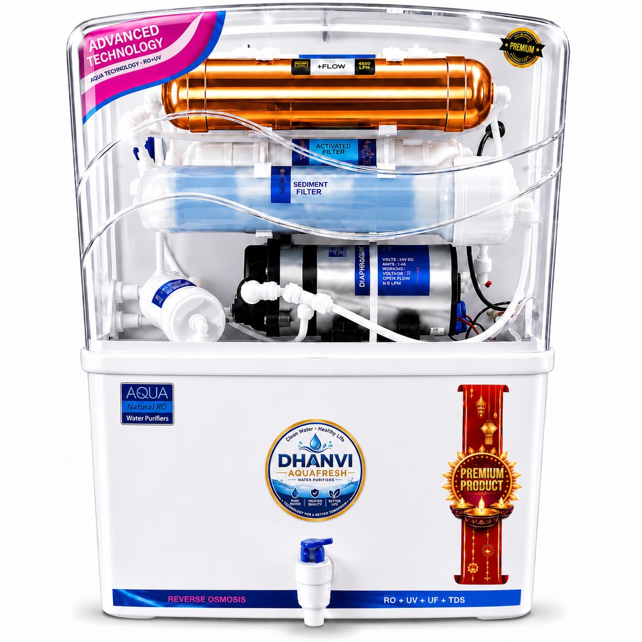 DHANVI Aqua Fresh ISI Mark Water Purifier for Home | RO + UV + UF + Active Copper + UV LED Water Purification, 10L Storage Tank, TDS Controller-image-46