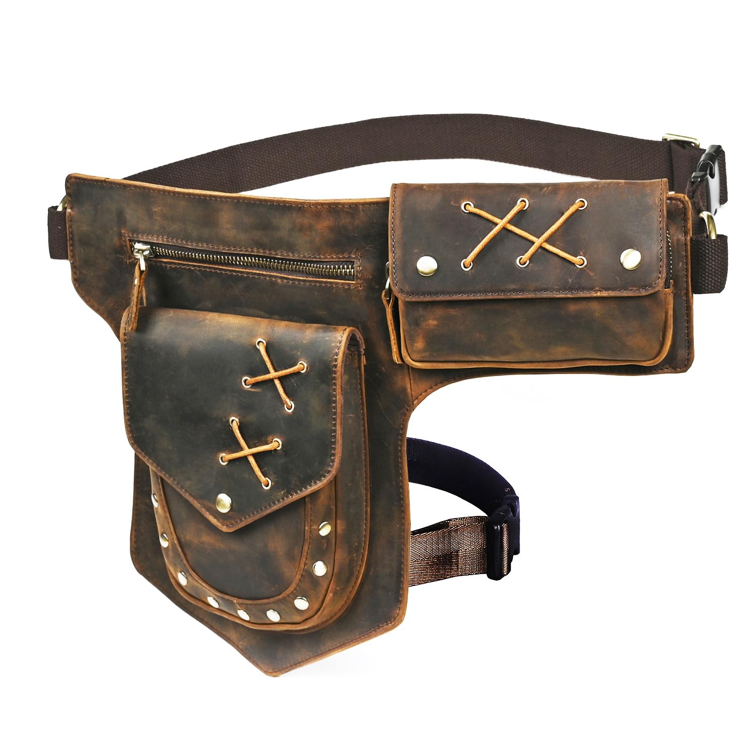 Toile Imperméable + Cuir Véritable Moto Fanny Sac de Taille Waist Bag Cuisses Sacs pour Les Jambes pour Hommes Femmes FB211-8 (100% Cuir véritable - a - Marron)