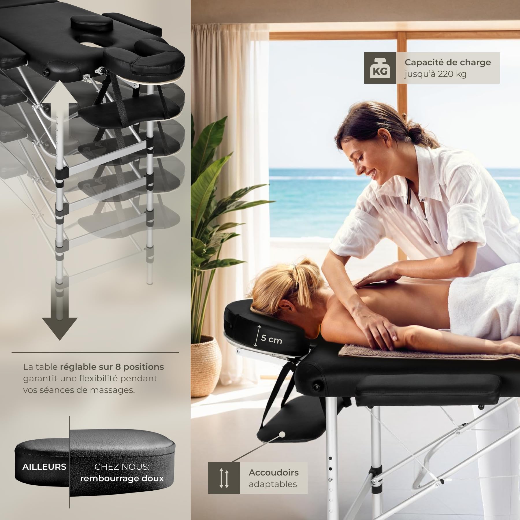 tectake® Table de Massage Pliante Professionnelle 3 Zones Cadre en Aluminium Table Esthetique Professionnel Lit de Massage Portable à roulettes, Accessoires Inclus