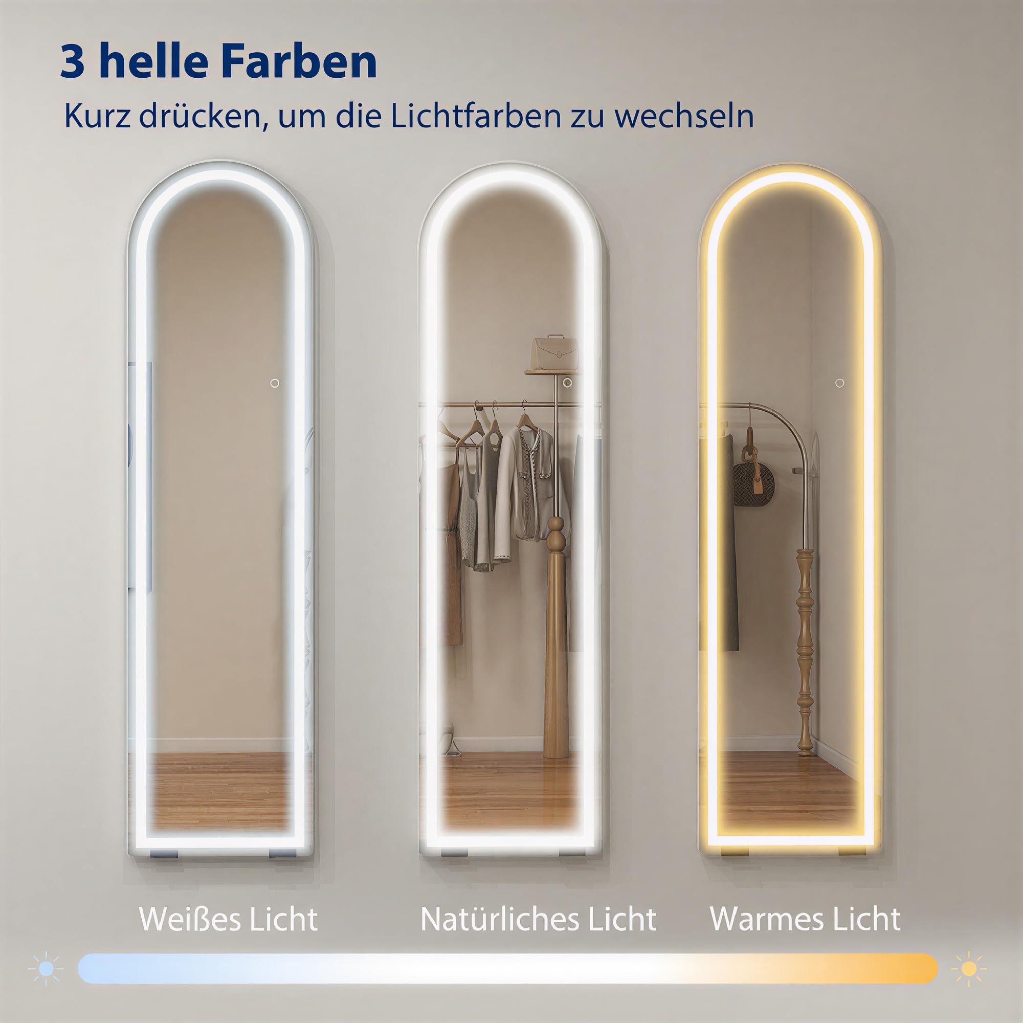 HOMCOM Ganzkörperspiegel mit Beleuchtung 150 x 40 cm Großer Bodenspiegel mit dimmbaren LEDs, 3 Lichtfarben, Memory-Funktion, gewölbt, zum Hängen oder Anlehnen an die Wand, für Schlafzimmer, Weiß