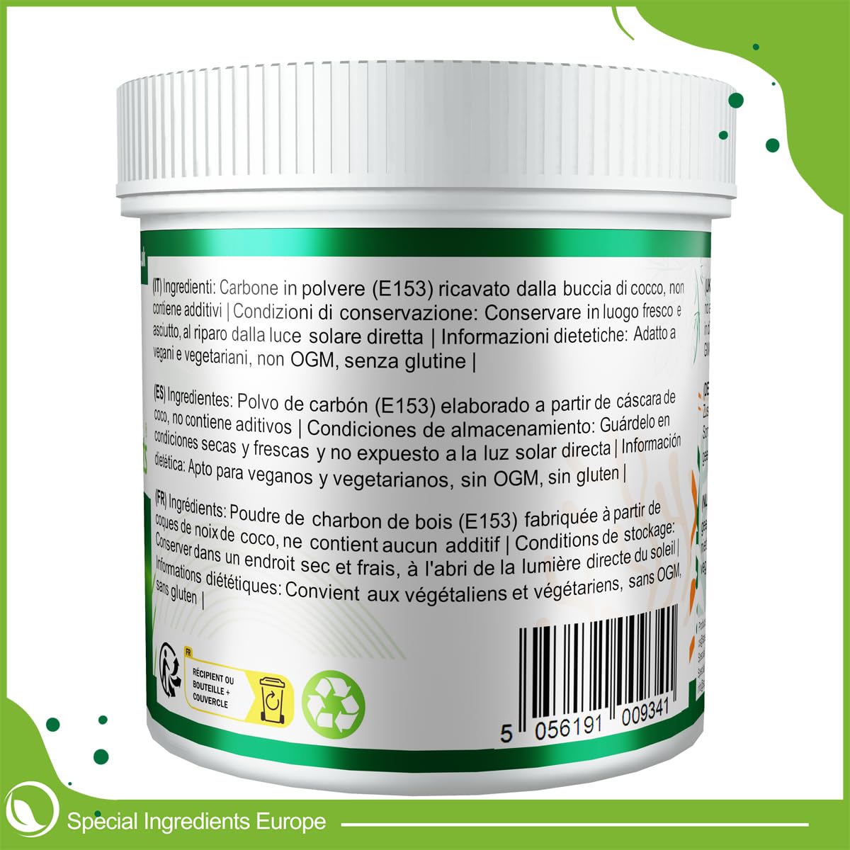 AKTIVKOHLEPULVER 500g HÖCHSTER QUALITÄT ULTRA-FEINES PULVER HERGESTELLT AUS KOKOSNUSS-SCHALE (DEUTSCHE ETIKETTEN UND ANLEITUNGEN)