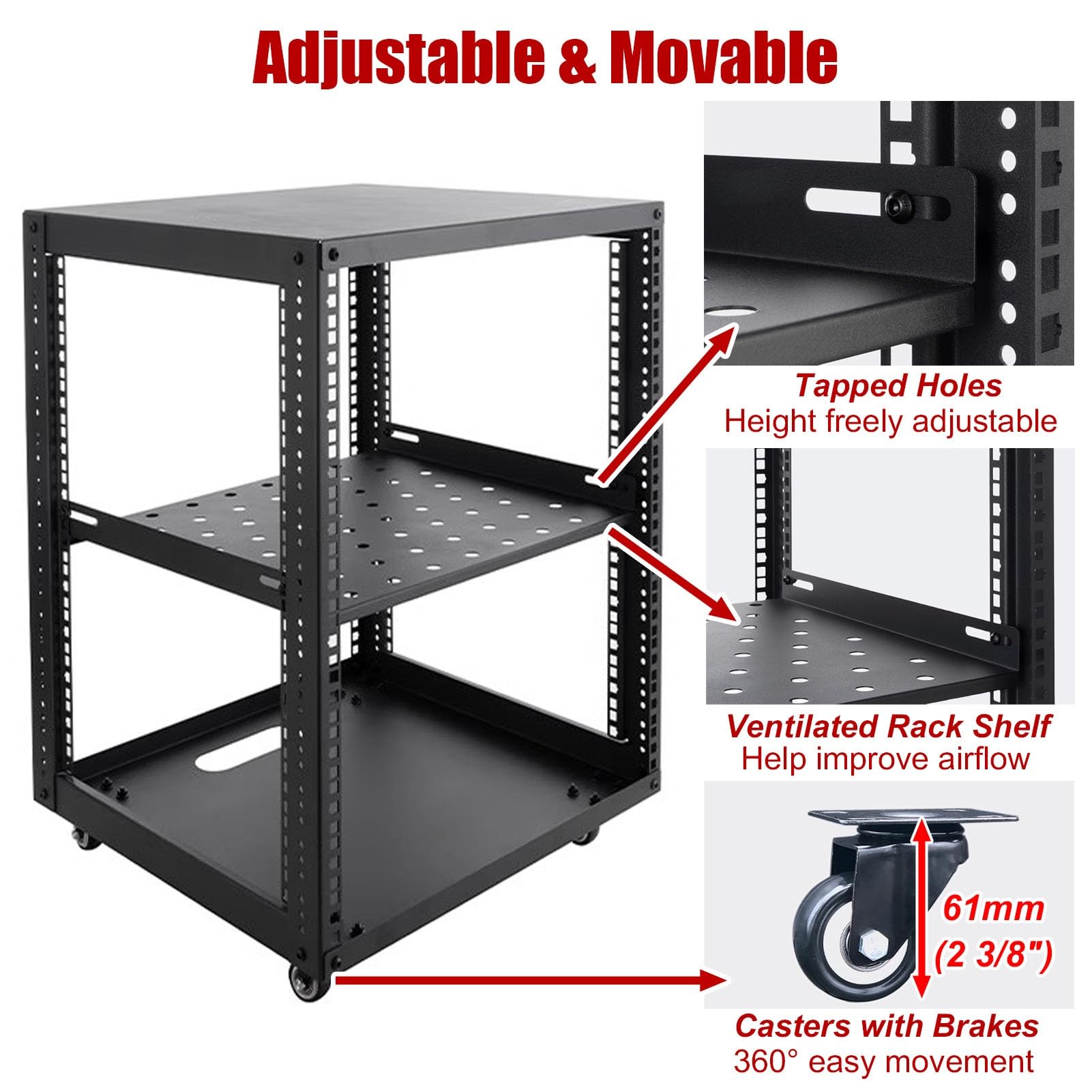 Vibeo Rack di Rete a Telaio Aperto Scaffale Mobile per Server a Telaio Aperto con Ruote, Rack di Rete per Ufficio/casa, Rack per Dispositivi Audio Regolabile 6U 8U 10U 12U 15U 20U(5U)