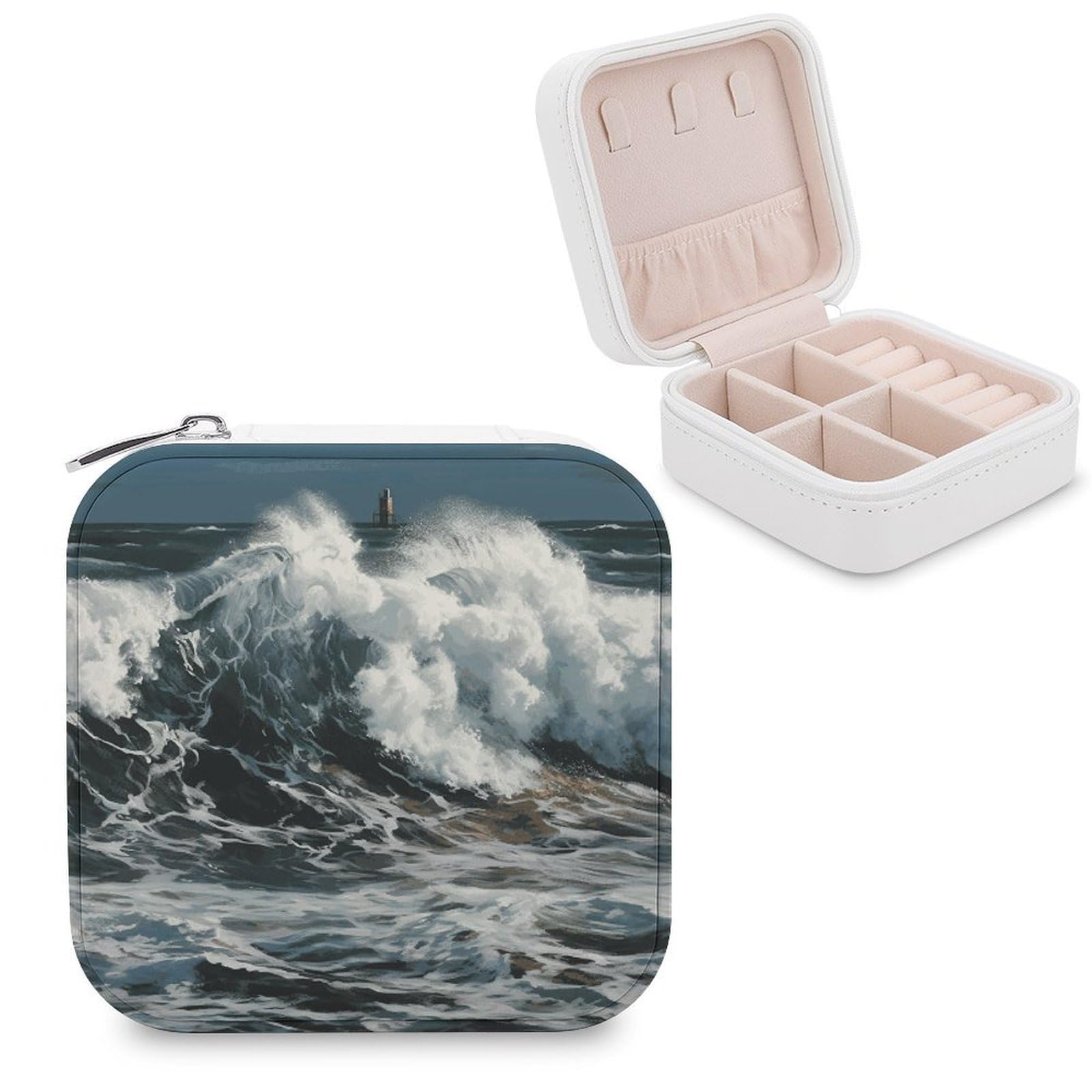 MUSM The Sea Waves Travel Jewelry Case Personalized PU Leather Jewelry Boxes for Women Small Portable Jewelry Organizer Box Cute Trinket Box for Necklaces Rings Earrings & Gifts