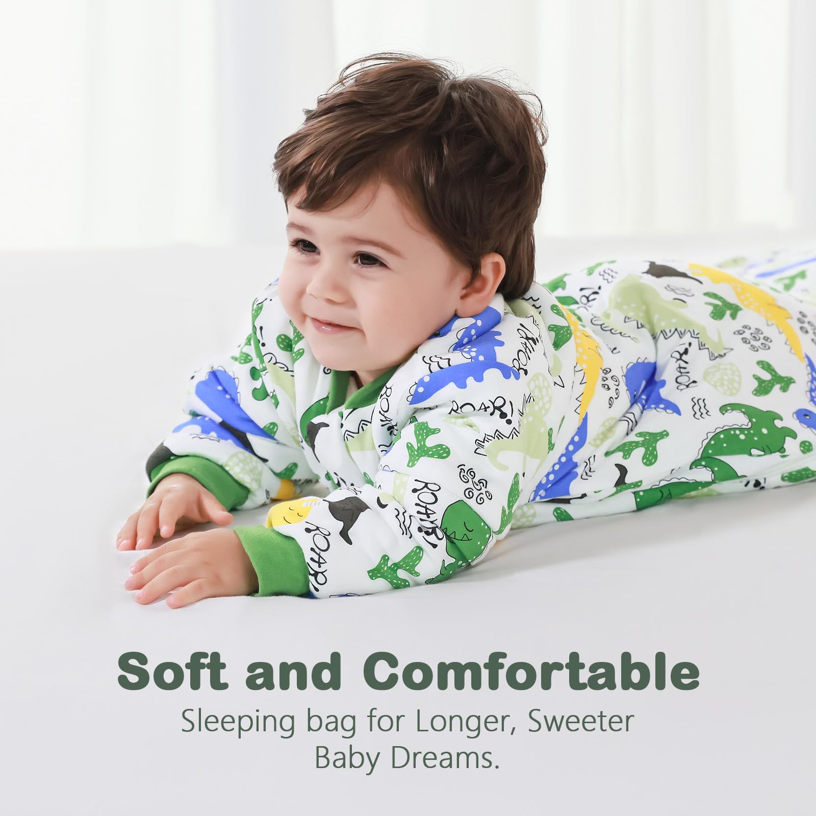 MIKAFEN Baby Sleeping Bag Winter 3.5 tog with removable sleeves, cotton sleeping bag with arms,Dinosaurs 68-80cm/6-14 Monate - Image 3