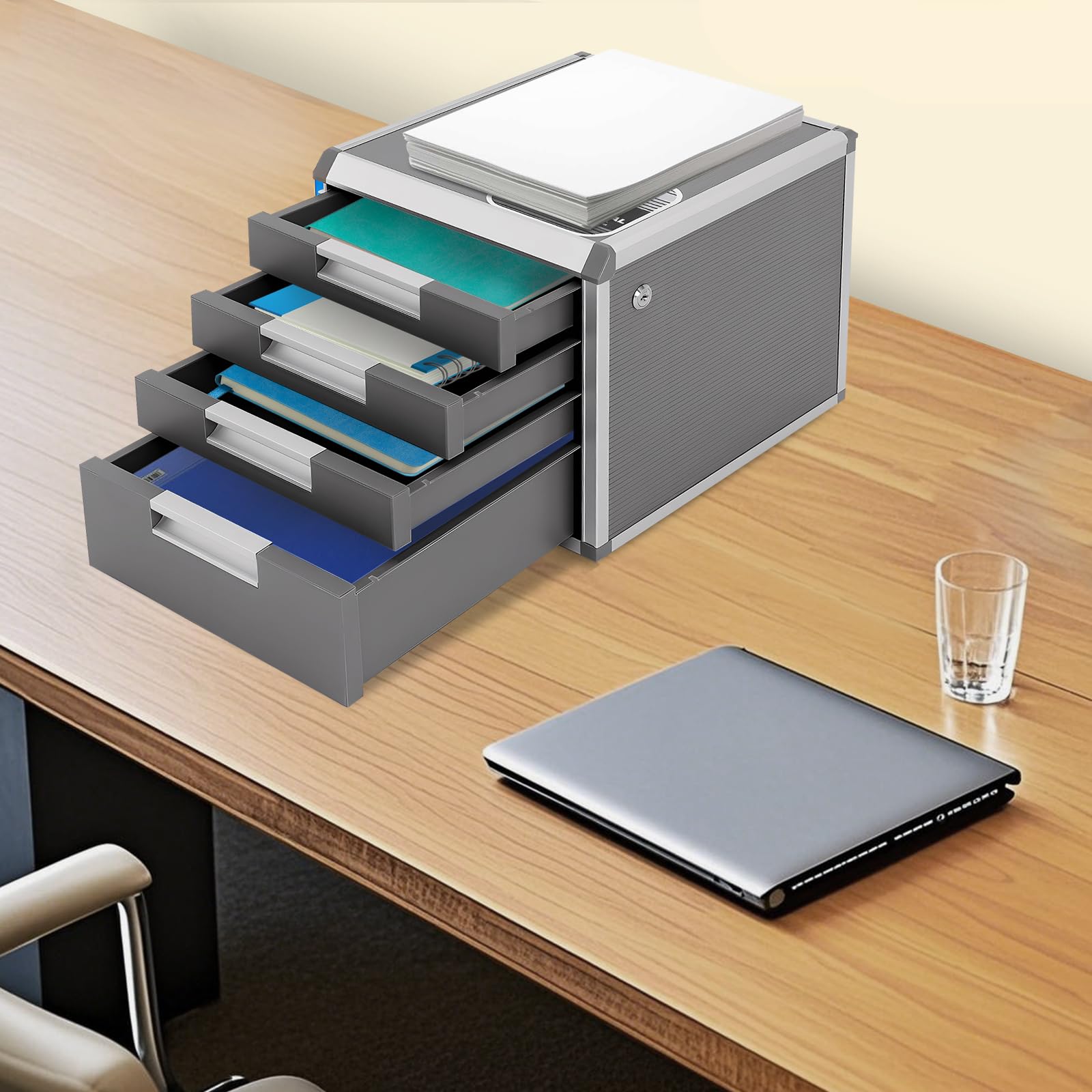Büroschrank 31,5x35x29,8cm für Büro Aktenschrank mit Schloss | ablagebox mit schubladen mit 180° klappbarem Seitenschild, 2 Schlüsseln, ergonomischen Griffen, 4 Schubladen, staubdicht