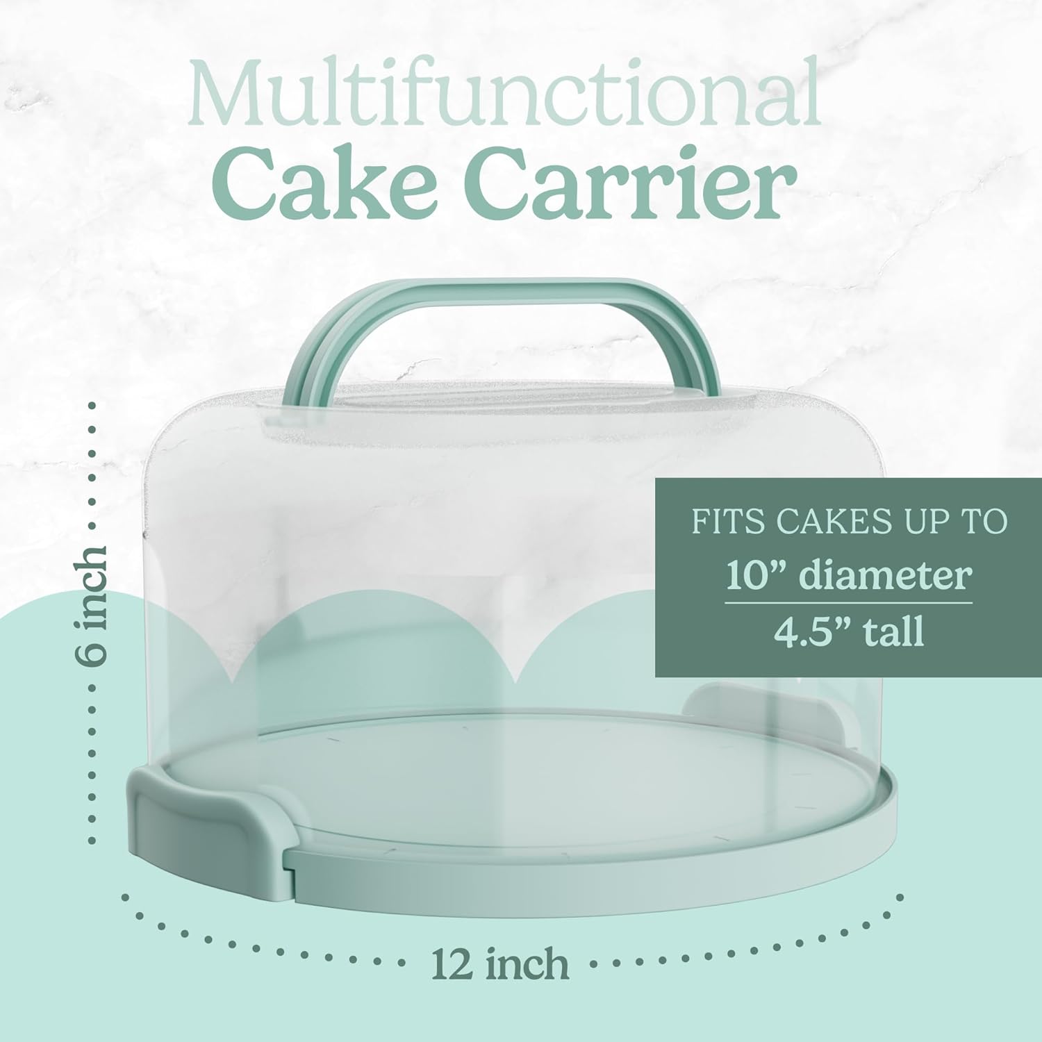 Cake Carrier with lid and Handle - Multipurpose Cake Stand with Lid for 10” Cake, Pie, Cupcakes - Cake Holder & Lid, Plastic Cake Container, Round Cake Cover for Transport & Storage (Seafoam Green) - Image 2