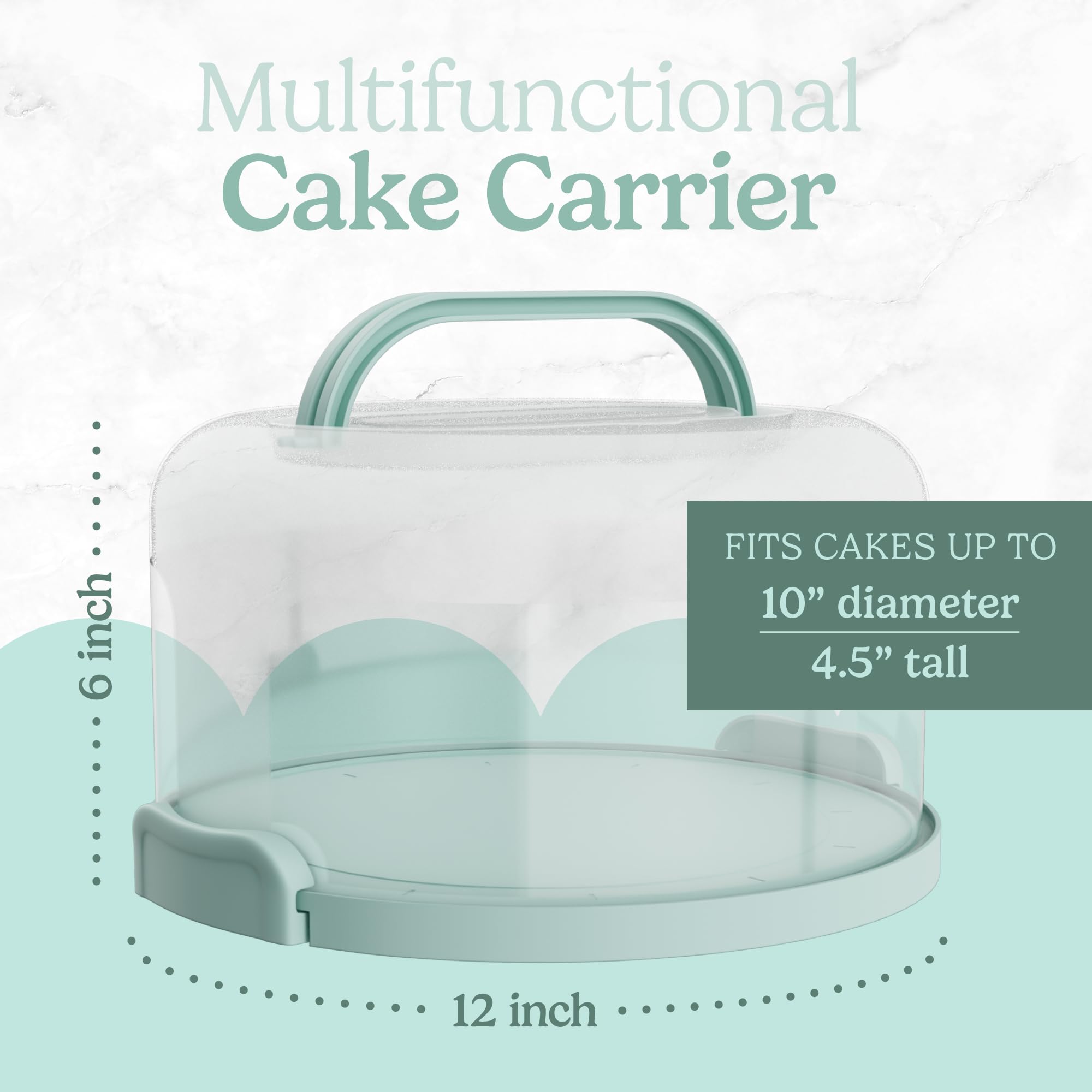 Cake Carrier with lid and Handle - Multipurpose Cake Stand with Lid for 10” Cake, Pie, Cupcakes - Cake Holder & Lid, Plastic Cake Container, Round Cake Cover for Transport & Storage (Seafoam Green)
