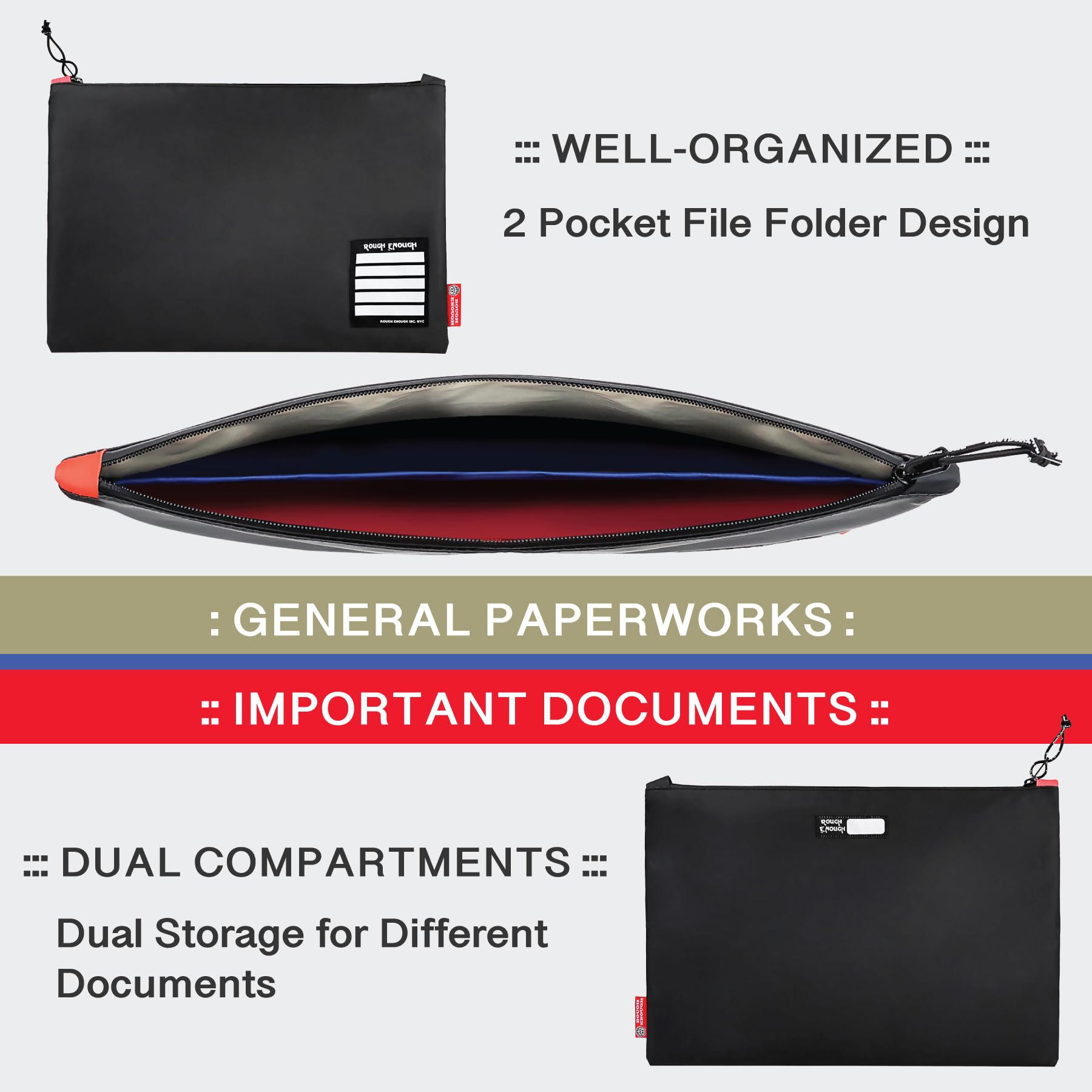 Rough Enough - Carpeta organizadora de documentos importantes, tamaño A4, con cremallera, impermeable, para oficina, escuela, 2 bolsillos