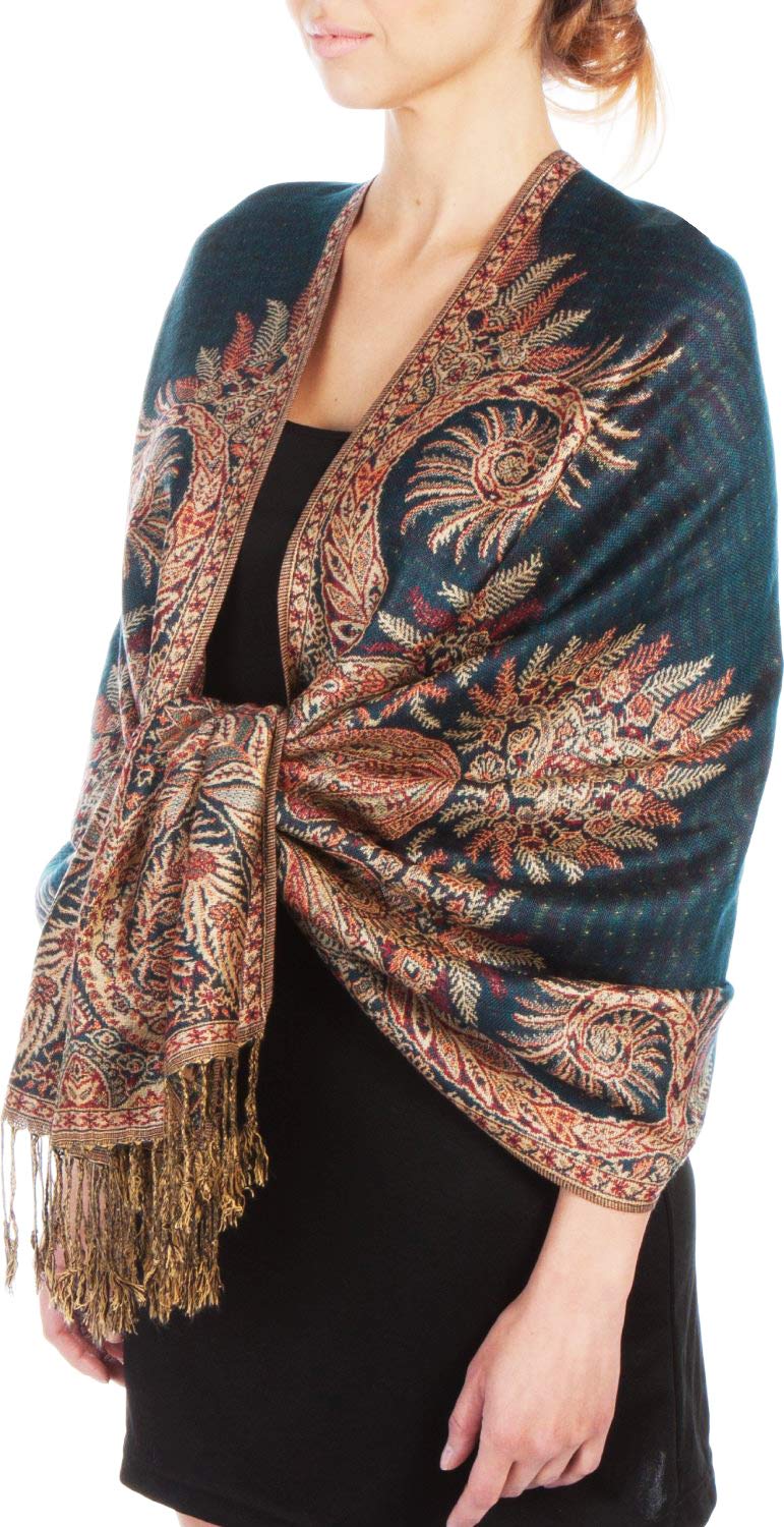 Sakkas Women's Teal 70" X 28" Big Paisley Jacquard Double Layer Woven Viscose Pashmina Shawl/Wrap/Stole