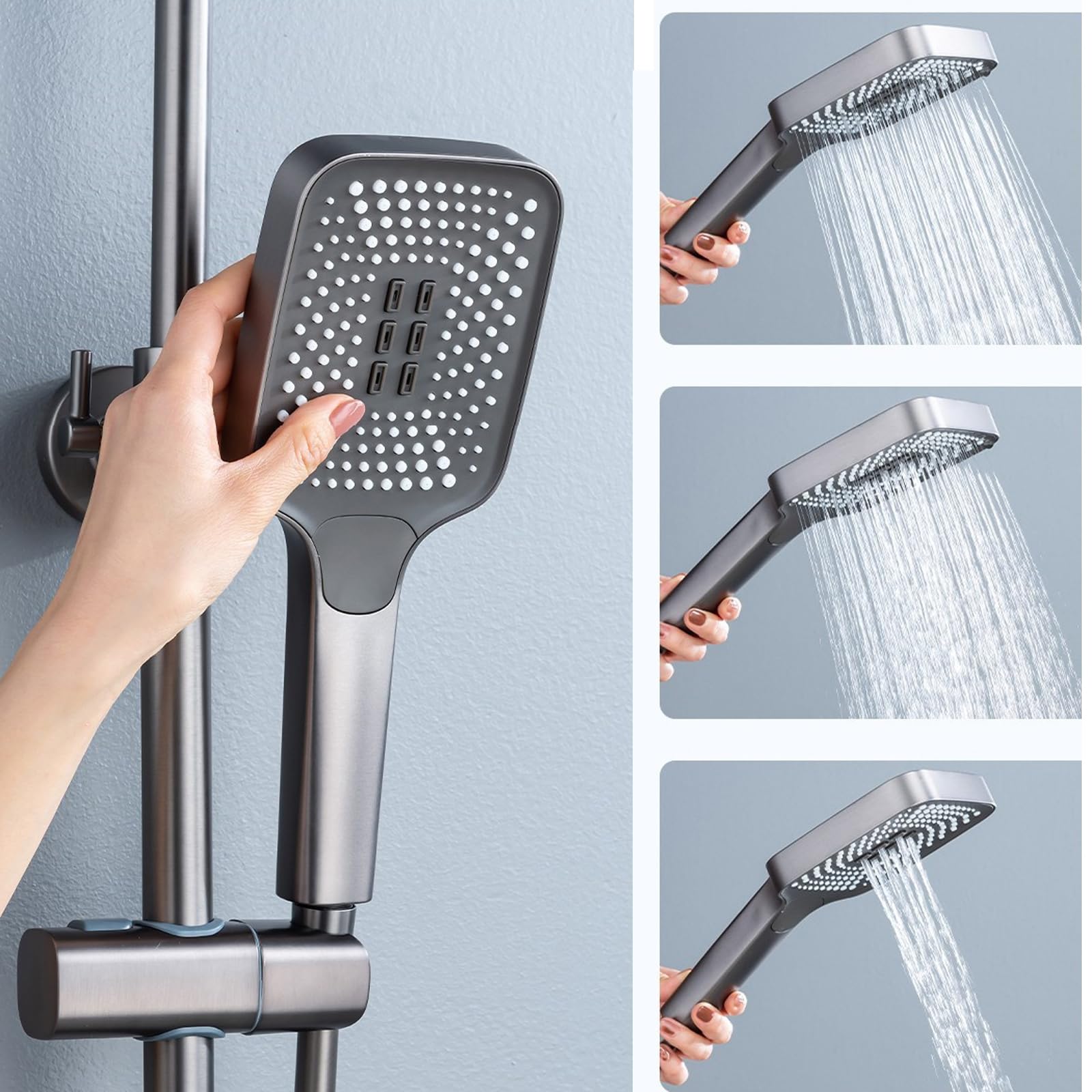 Set Miscelatore termostatico per Doccia, Sistema Regolabile in Altezza, Rubinetto per Vasca a 4 funzioni con soffione Quadrato e doccetta ad Alta Pressione a 3 modalità (Nero)