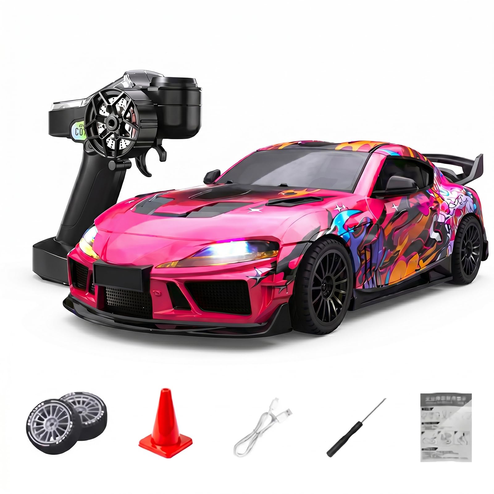 Coche teledirigido 1:43 RC con giroscopio, 2,4 GHz Full Proportional telecontrol, Mini Racing Drift Car con luz LED, vehículo de deriva de alta velocidad, color rosa