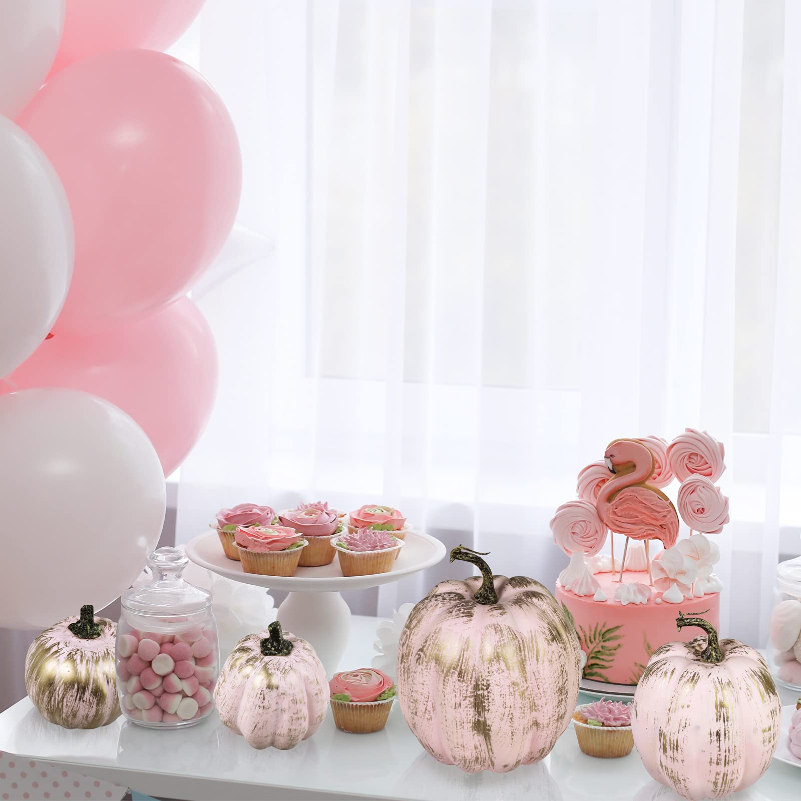 7 calabazas artificiales rosas cepilladas de oro rosa, rústicas, decorativas, calabazas de espuma para otoño, Halloween, cosecha, boda, baby shower, mesa, mesa central de mesa, decoración de cocina