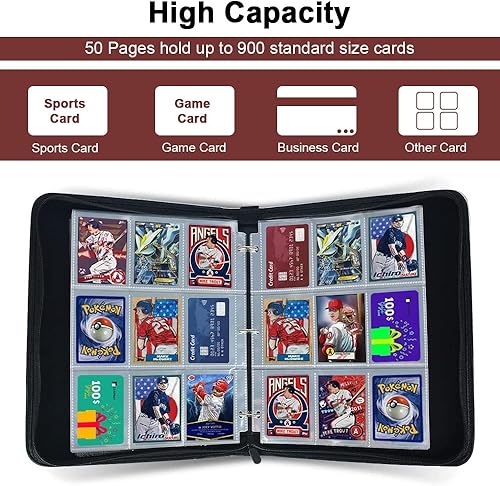 Miniatura 3 de FOME - Carpeta de tarjetas coleccionista con 9 bolsillos, carpetas portátiles para tarjetas con 900 tarjetas, 50 hojas extraíbles para tarjetas