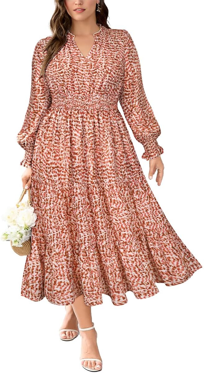 RITERA Plus Size Dresses Women Casual Fall Maxi Boho A Line Long Sleeve Ruffle V Ruffle V Neck Dress with Pocket XL-5XL