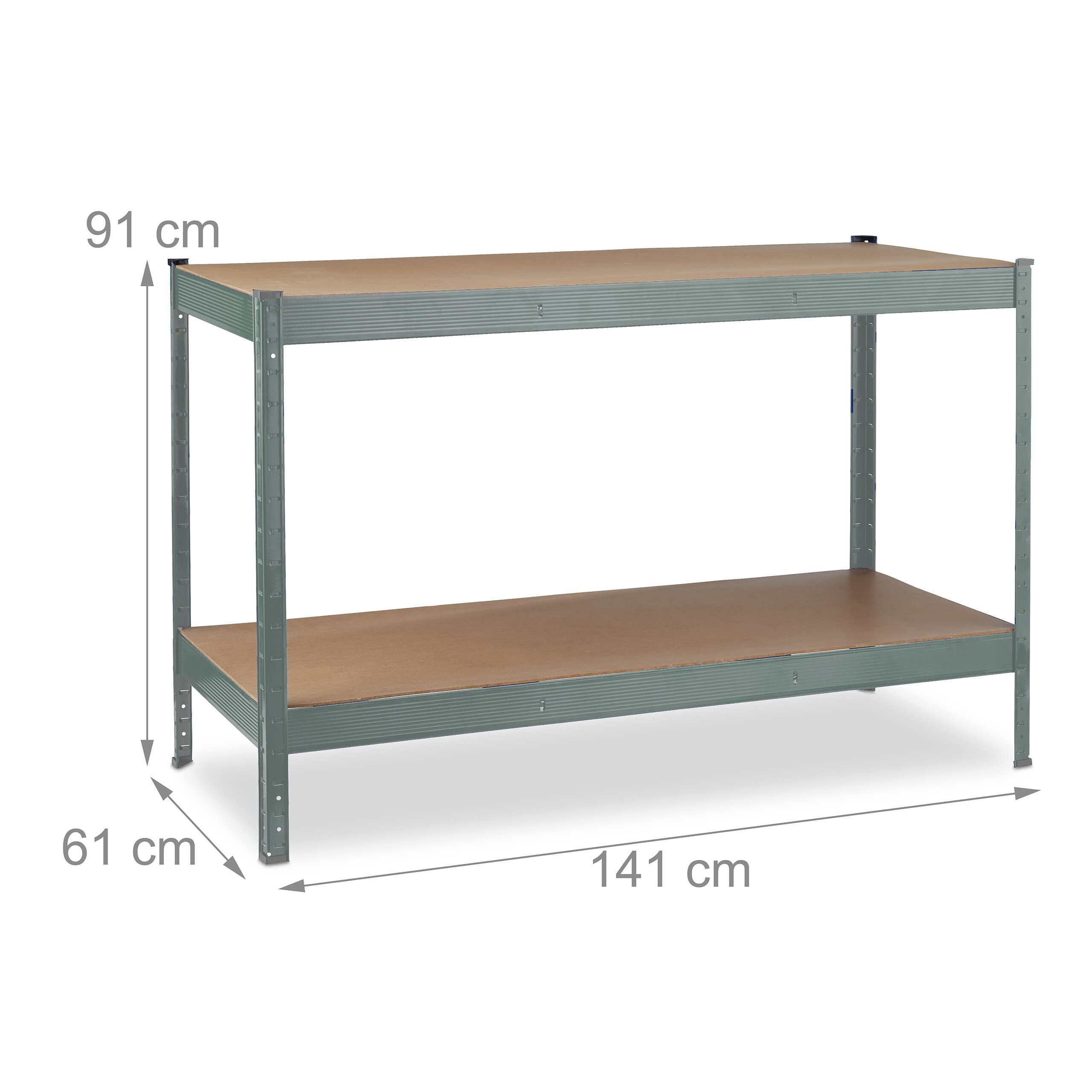 Relaxdays Banco da Lavoro Officina, Tavolo da Garage 2 Scaffali, Altezza Regolabile, Acciaio e MDF, 91x141x61 cm, Grigio