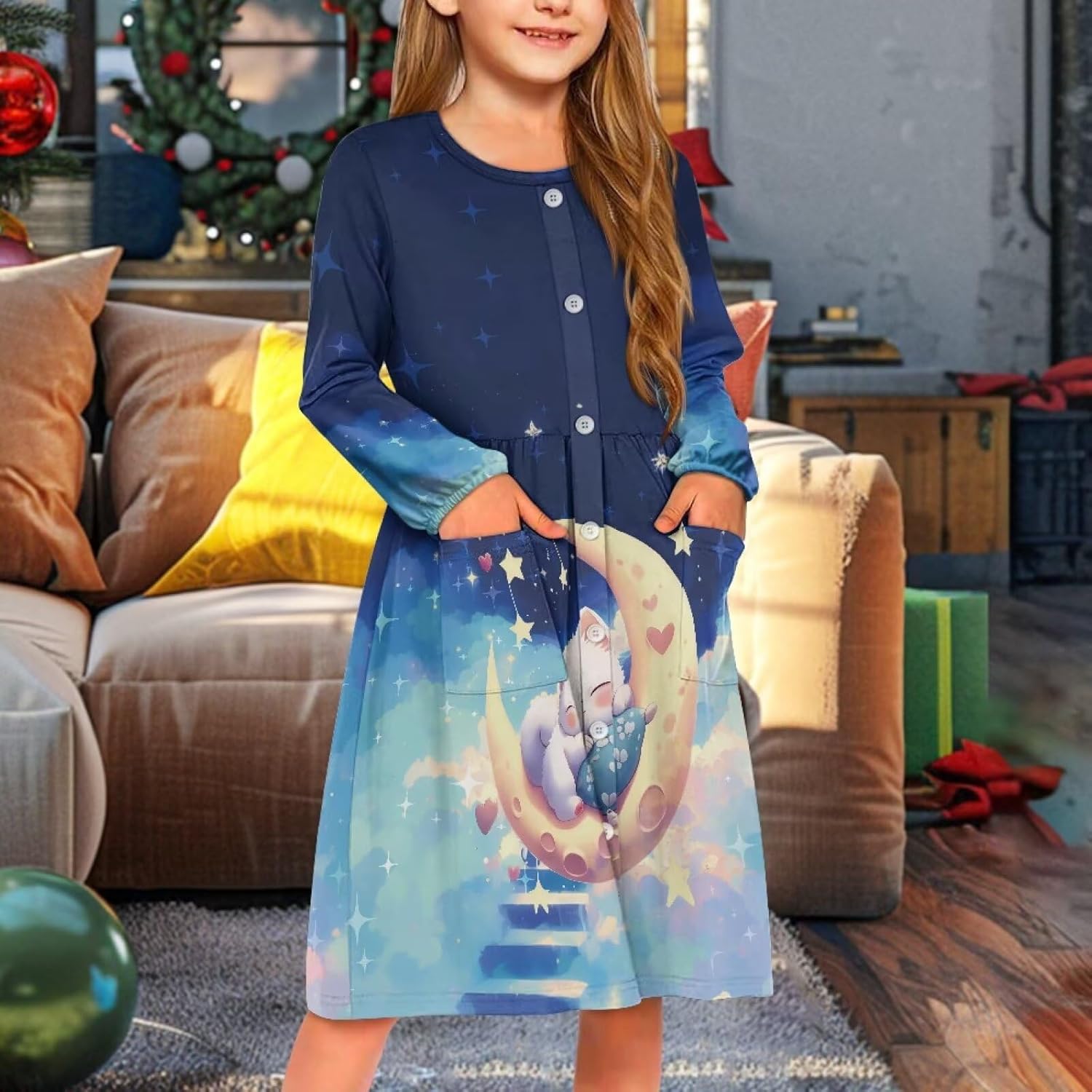 Ystardream A Line Dress for Girls Long Sleeve Bottom Front Twirl Swing Skirt