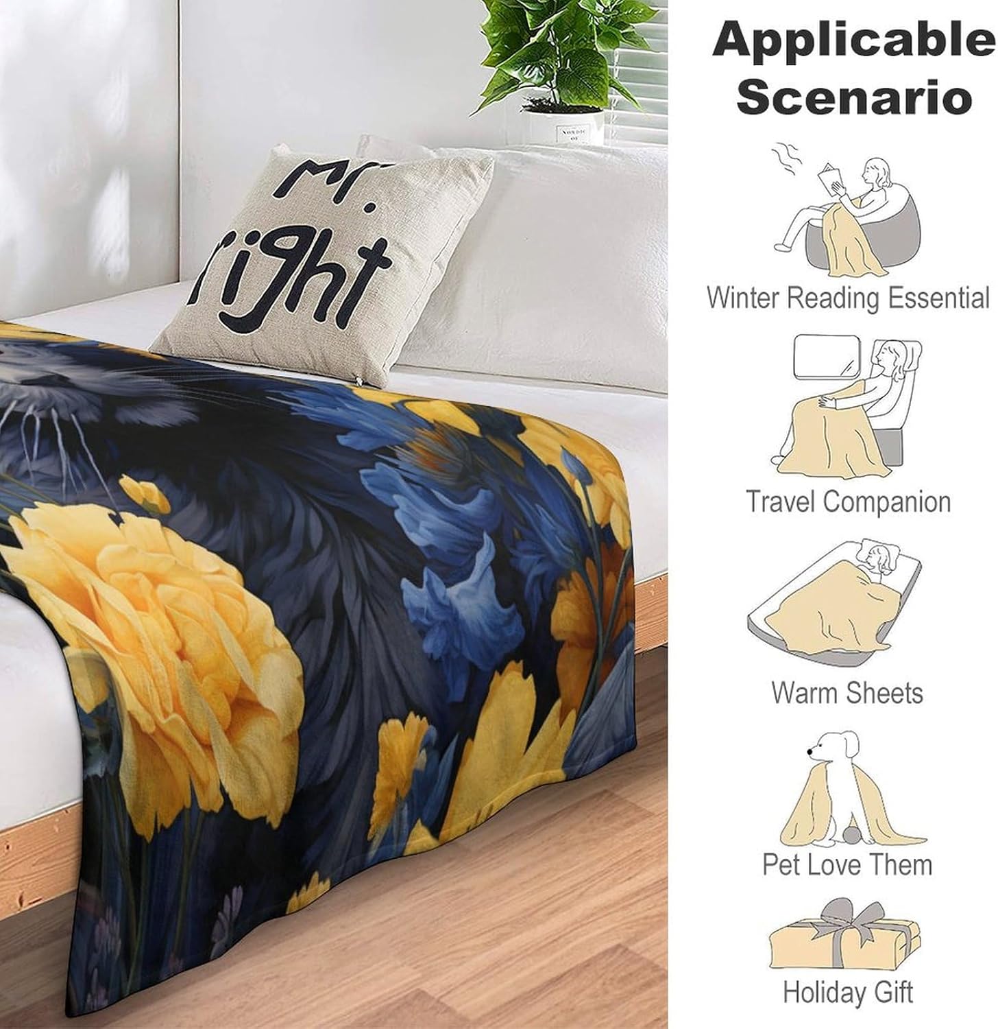 Blue Cat in Bloom Throw Blanket for Winter Bedding Couch and Gift 70"x80" Cat Pet Lover Velvet Flannel Blanket Gift for Kids Family and Friends Flannel Blanket for Bed