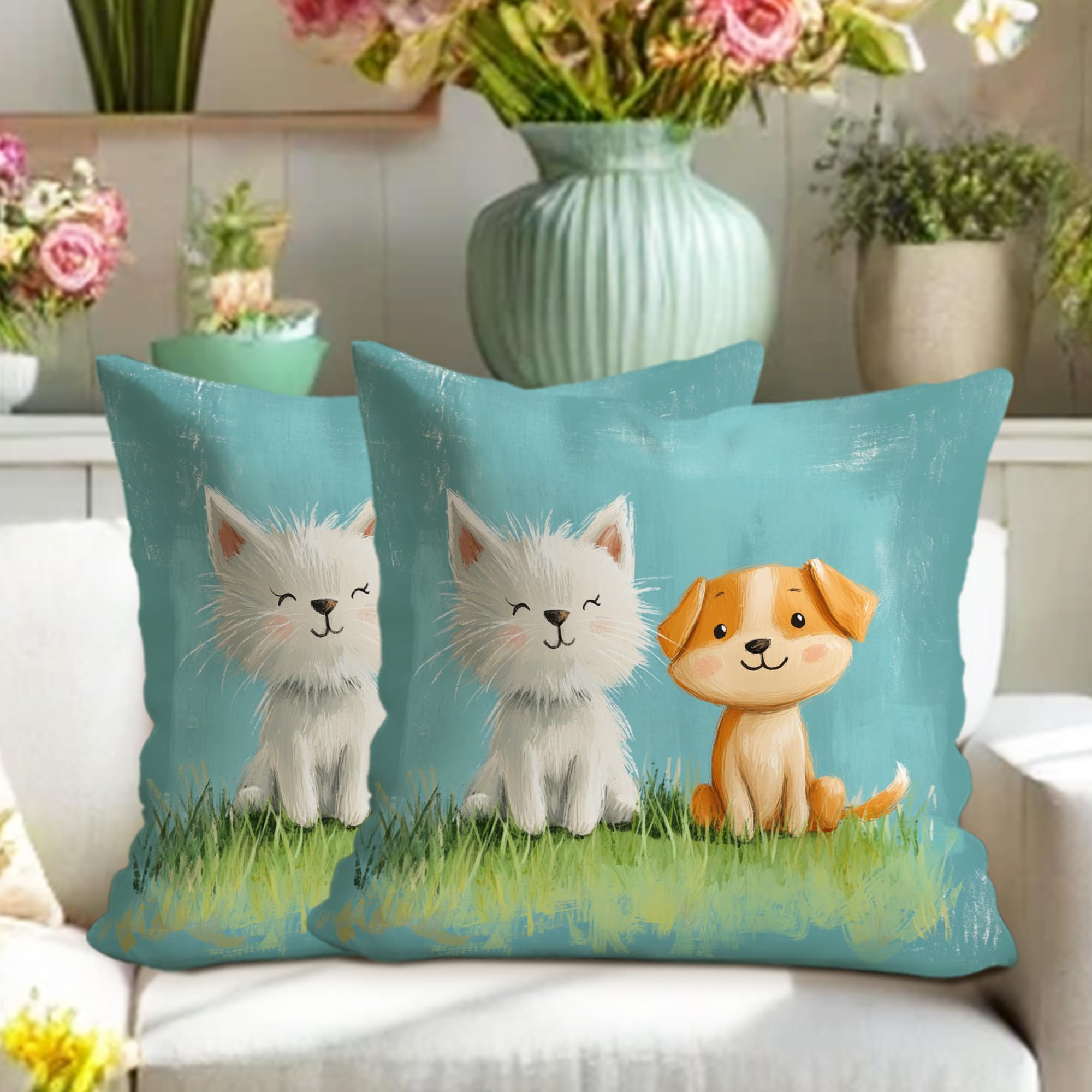 Cute Animal Pillow Covers Set of 2, White Cat and Tan Dog Throw Pillow Cases, Indoor Decorative Square Animal Decor Cushions for Home Sofa Couch, Perfect for Kids Room 16x16 Inch