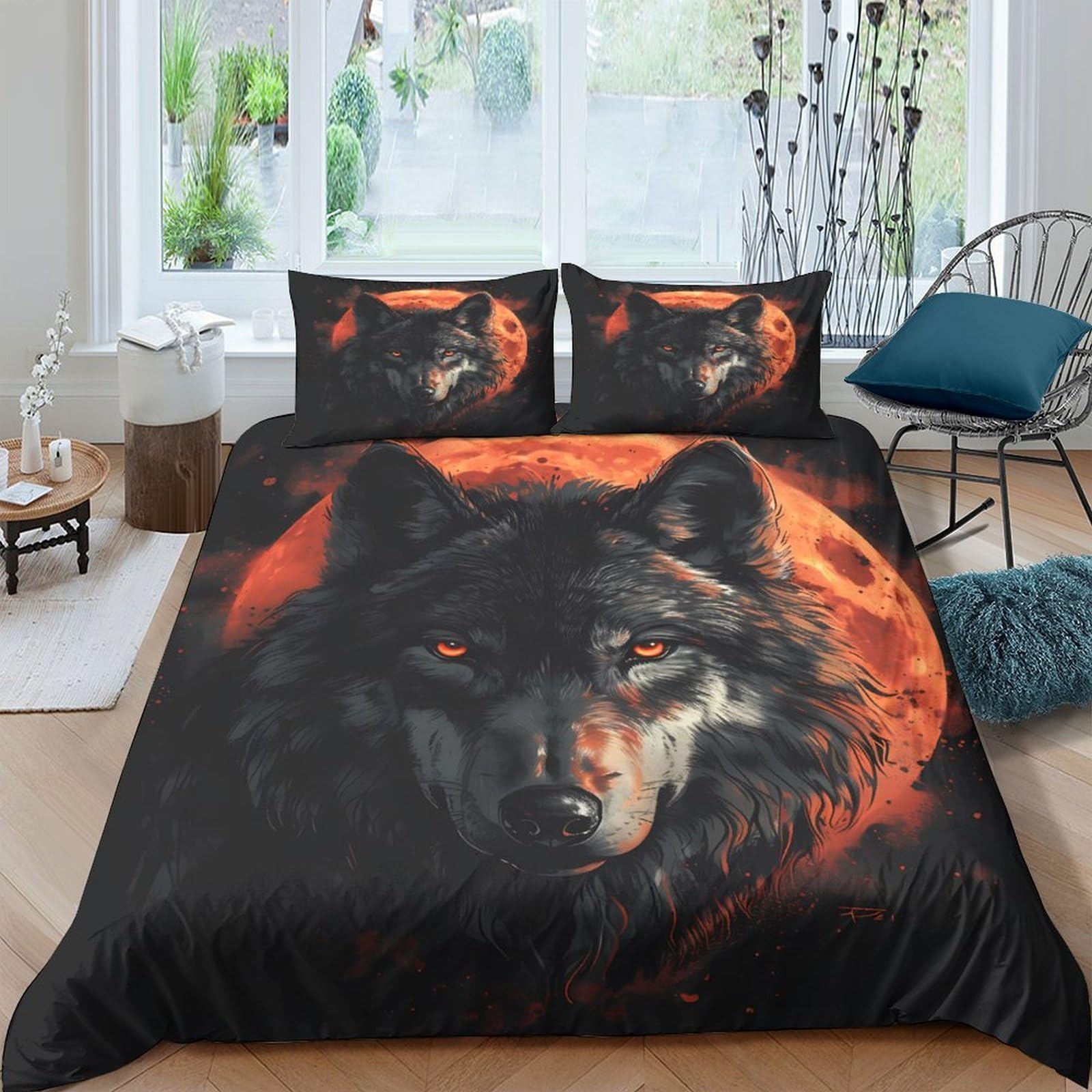 Ctjqhvkz Style-4 3D Printed Fiery Wolf Fitted Sheet Microfiber Soft Black Red Full Moon Mattress Cover For Bedroom Dorm Home Decor Single（135X200cm）