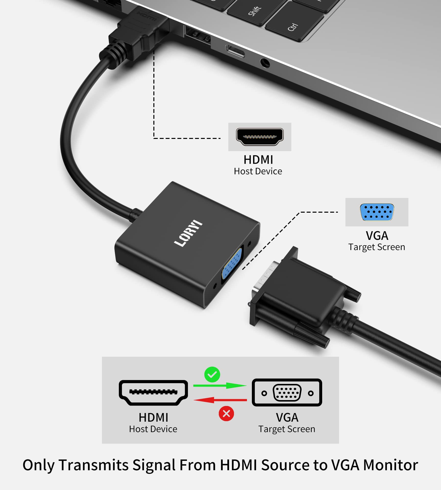 Adattatore HDMI a VGA, adattatore HDMI maschio a VGA femmina 1080P@60Hz, compatibile per computer, desktop, laptop, PC, monitor, proiettore, HDTV, Chromebook