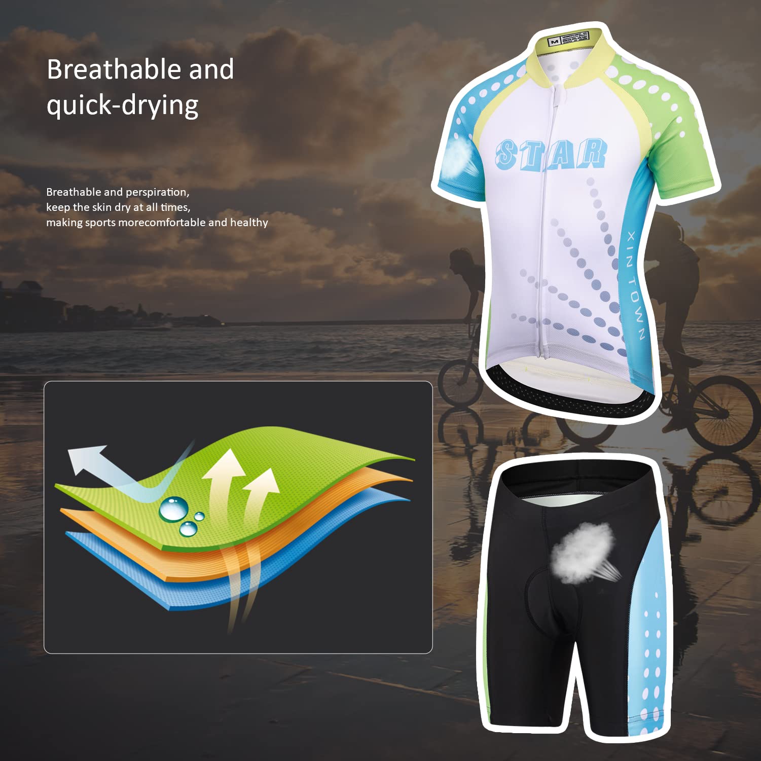Maillot de Cyclisme Garçon Fille Cuissard Vélo T-Shirt Cyclisme à Manches Courtes Combinaison VTT pour Unisexe Enfant