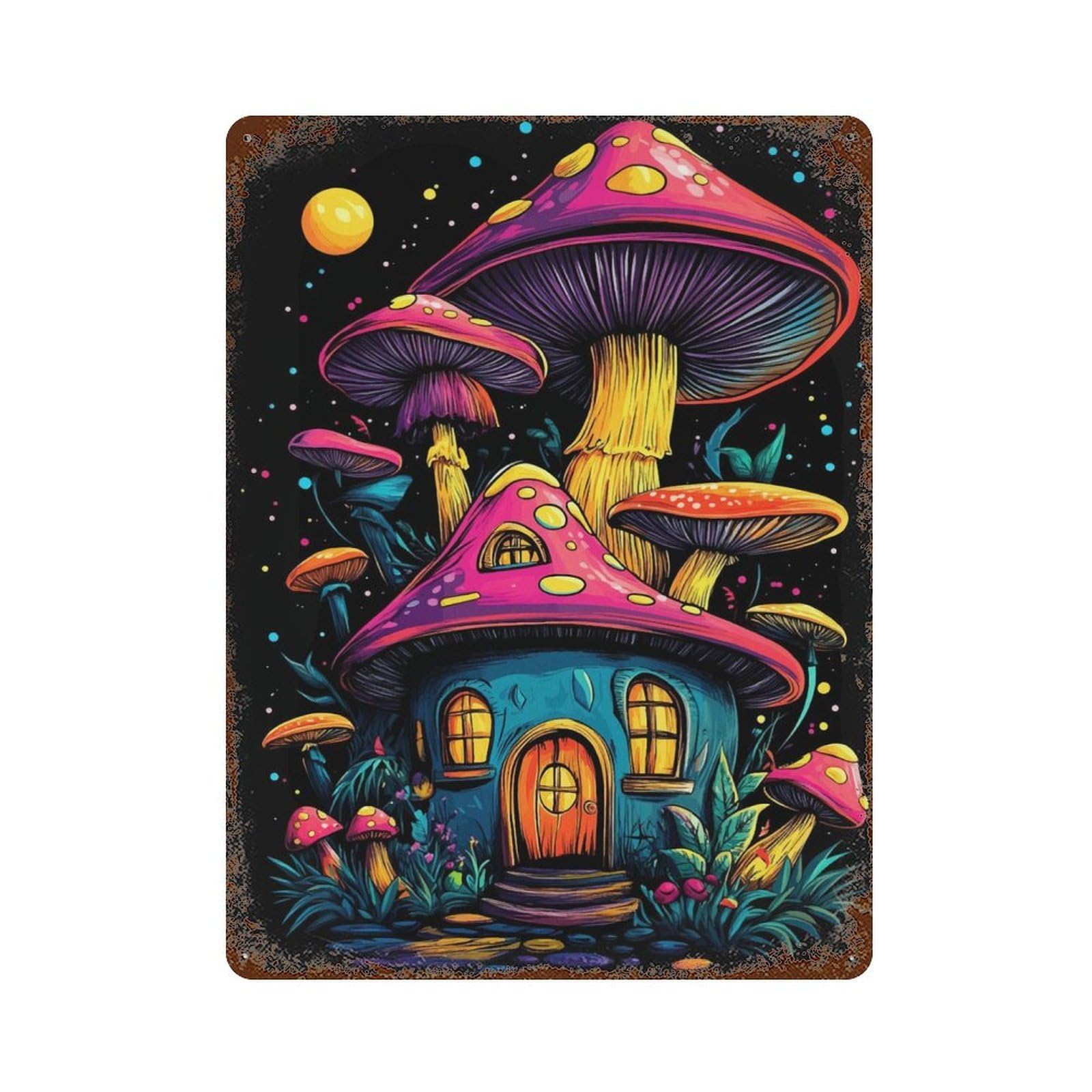 Rust Effect Mushroom House Rusty Metal Tin Sign 15.7"x11.8", Old School Wall Decor for Basement, Hobby Room And Garage Decor