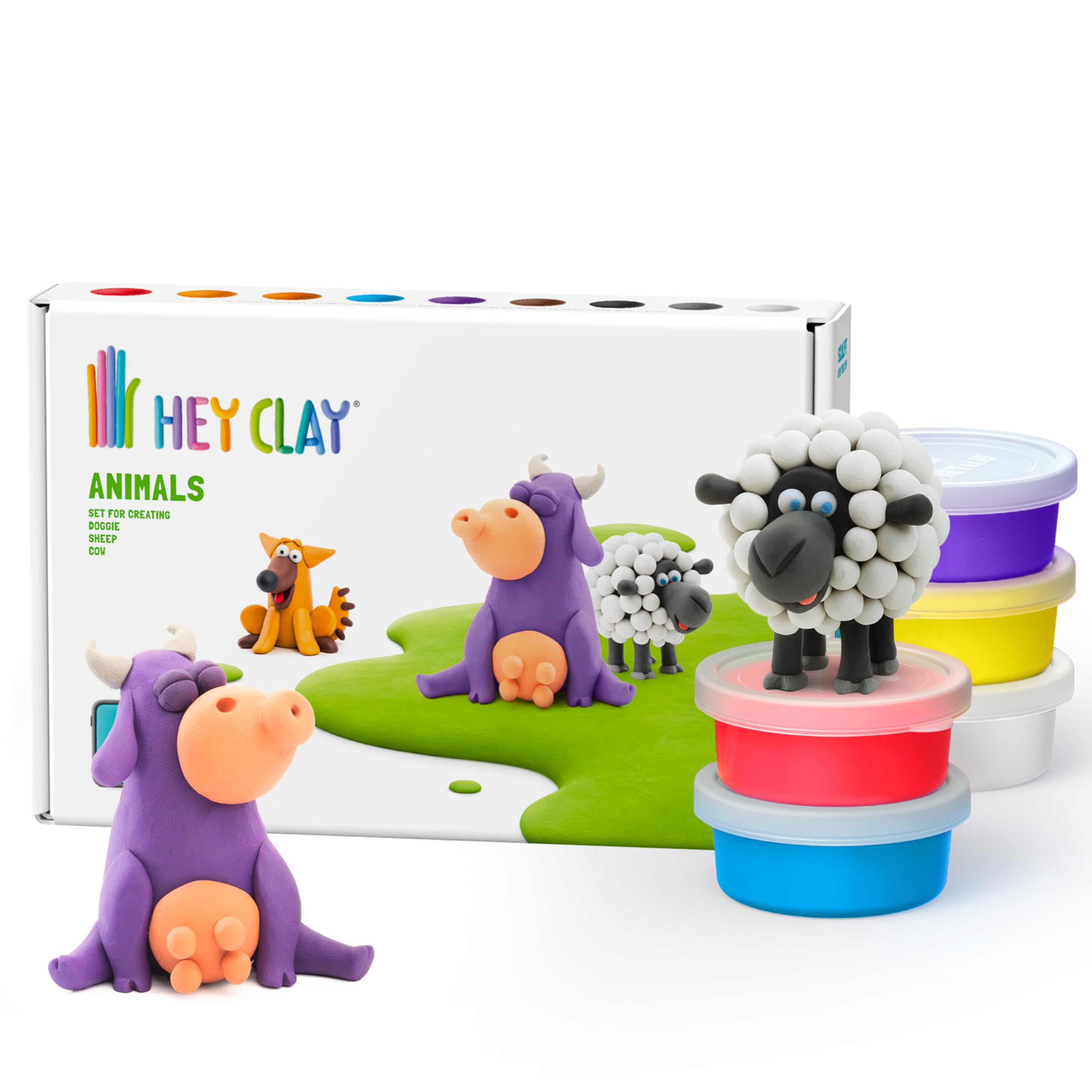 HEY CLAY Colorful Modeling Air Dry Clay for Kids 6 cans with Fun Interactive Instructions App - Kids Activities Age 3+ (Animals: Cow, Doggie, Sheep)
