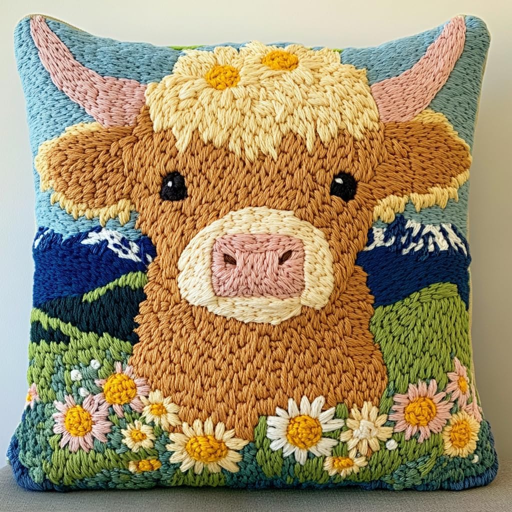 DIY Punch Needle Pillow Kit Highland Cow Daisy and Mountains with Pattern and Hoop Handmade Embroidery Punch Needle Starter Pillowcase Set for Home Sofa Decor 43x43cm-1-7
