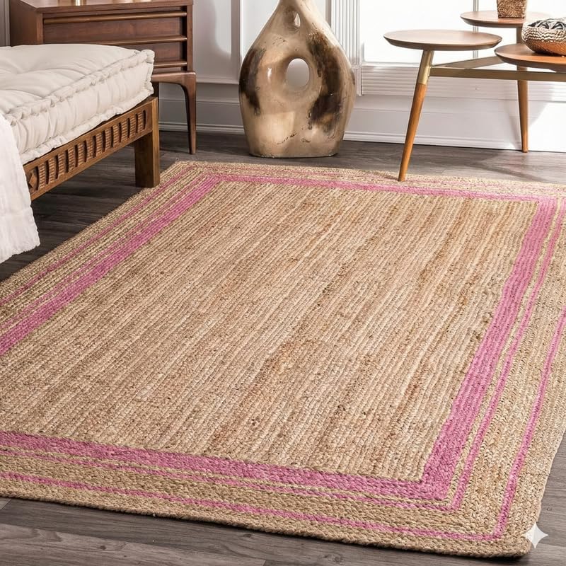 Alfombra de yute natural trenzada Mrida Weave rosa 4x6 pies