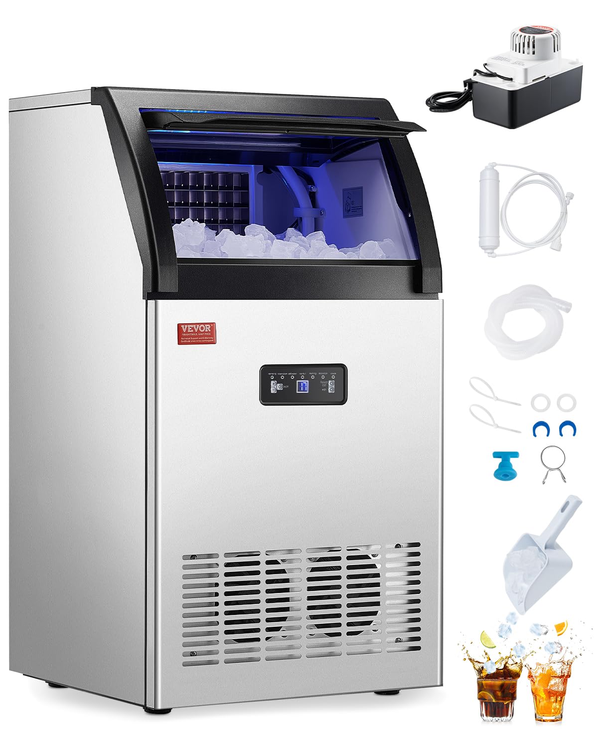 VEVOR130lbs/24H Commercial Ice Maker Machine with Drain Pump, 33lbs Storage Capacity Ice Maker, 55 Ice Cubes in 15 Minutes, LED Digital Display Freestanding Self-Cleaning for Bar Office Restaurant
